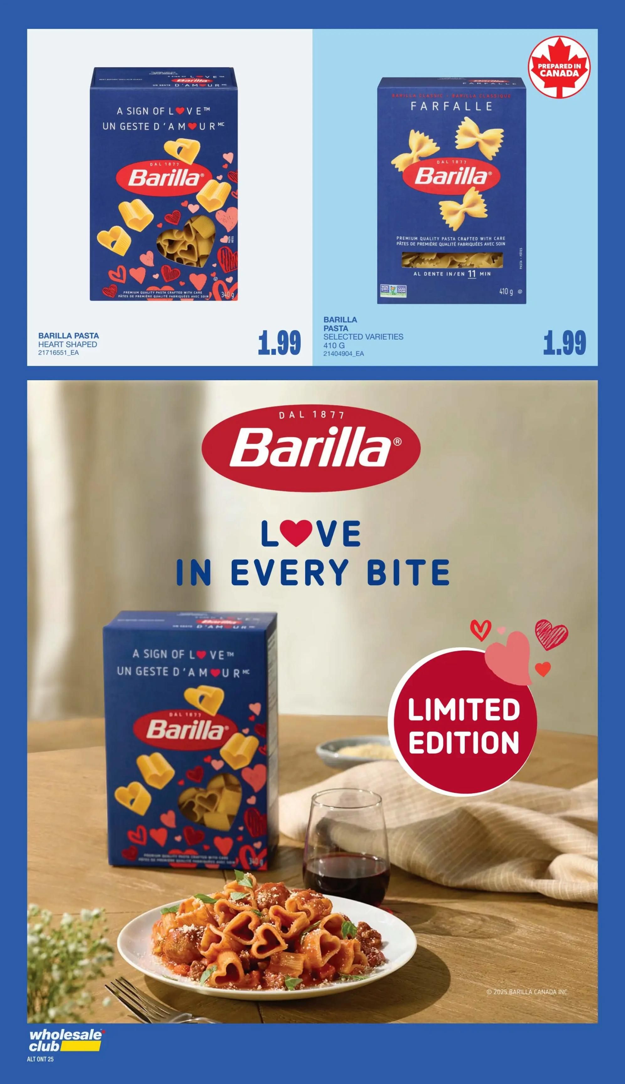 Wholesale Club flyer page 23 features Barilla pasta. On the top left, Barilla Pasta Heart Shaped is available for $1.99. On the top right, Barilla Pasta Selected Varieties (Farfalle) is also $1.99. The bottom half of the page showcases a 'Limited Edition' theme with a 'Love in Every Bite' slogan and a dish of heart-shaped pasta. The Barilla logo is prominently displayed. The products are 'Prepared in Canada' and are Non-GMO and Sans OGM.