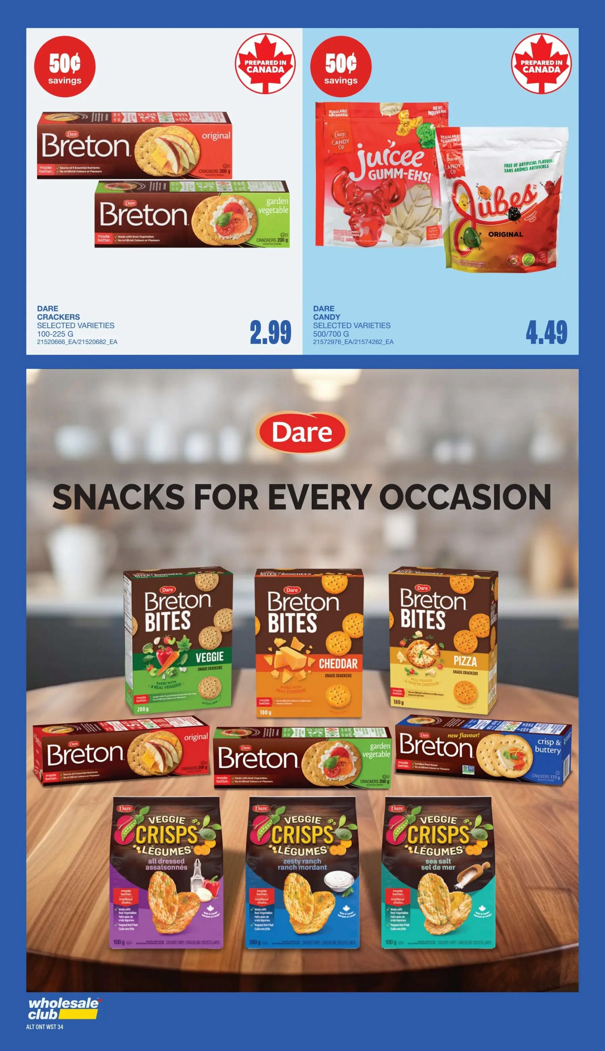 Page 31 of the Wholesale Club flyer features Dare snacks. Top section shows 50¢ savings on Dare Crackers Selected Varieties (100-225g) for $2.99 and Dare Candy Selected Varieties (500/700g) for $4.49. Both are prepared in Canada. The main section highlights 'Snacks for Every Occasion' with various Dare Breton products. This includes Breton Bites Veggie, Cheddar, and Pizza Snack Crackers (180g), as well as Breton Original Crackers (200g), Breton Garden Vegetable Crackers (200g), and Breton Crisp & Buttery Crackers (173g). Also featured are Dare Veggie Crisps in All Dressed, Zesty Ranch, and Sea Salt flavours (100g).