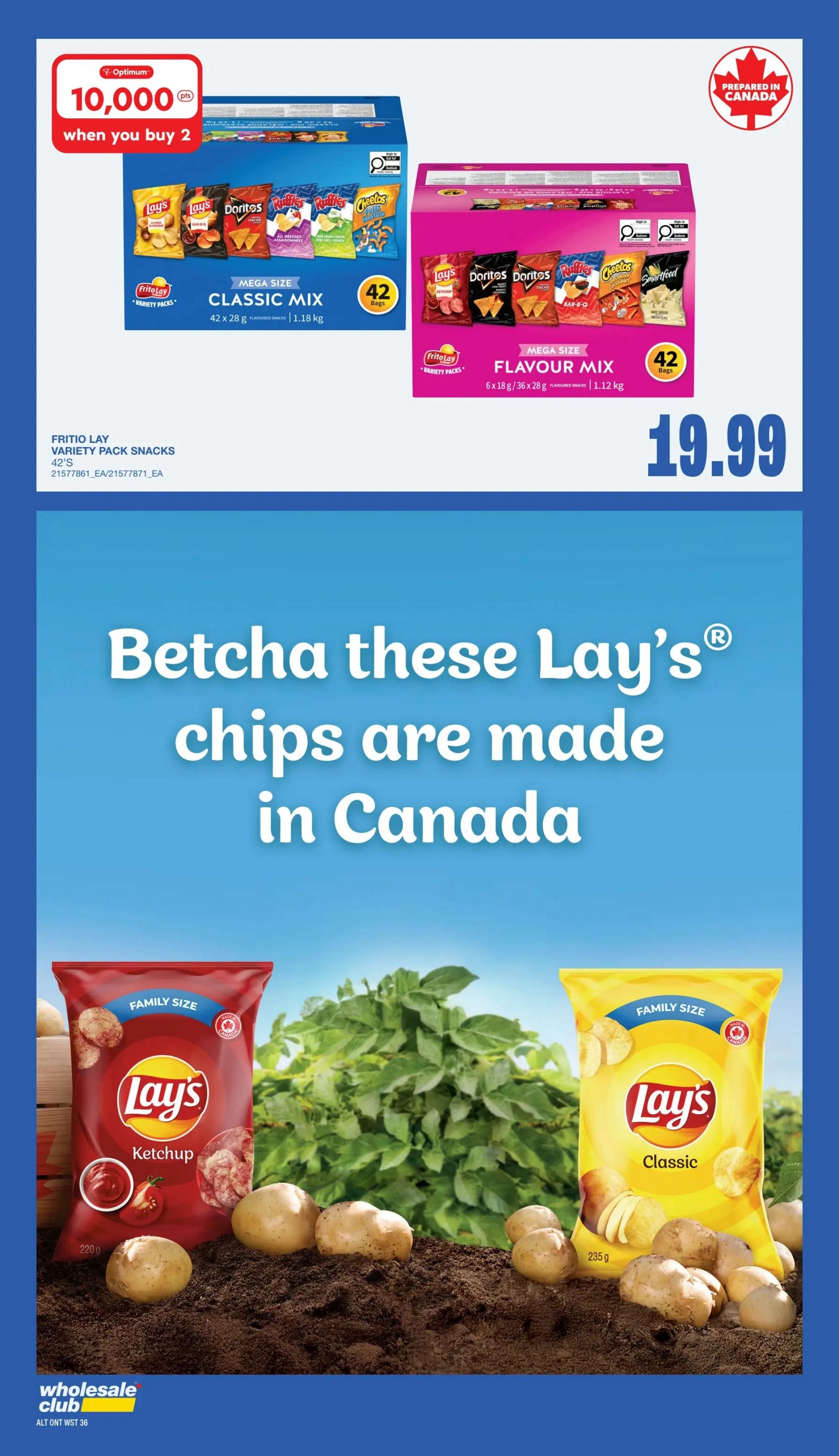 Wholesale Club flyer page 33 features Frito Lay variety pack snacks. Get 10,000 Optimum points when you buy 2 mega size snack variety packs. The Classic Mix includes 42 bags (1.18 kg) of Lay's Classic, Doritos Nacho Cheese, Cheetos Puffs, and Ruffles All Dressed. The Flavour Mix also includes 42 bags (1.12 kg) of Lay's Ketchup, Doritos Nacho Cheese, Doritos Sweet Chili Heat, Cheetos Crunchy, and Smartfood White Cheddar. Both mega size variety packs are priced at $19.99. The page also highlights Lay's chips being made in Canada, featuring family size bags of Lay's Ketchup (220 g) and Lay's Classic (235 g) with fresh potatoes.