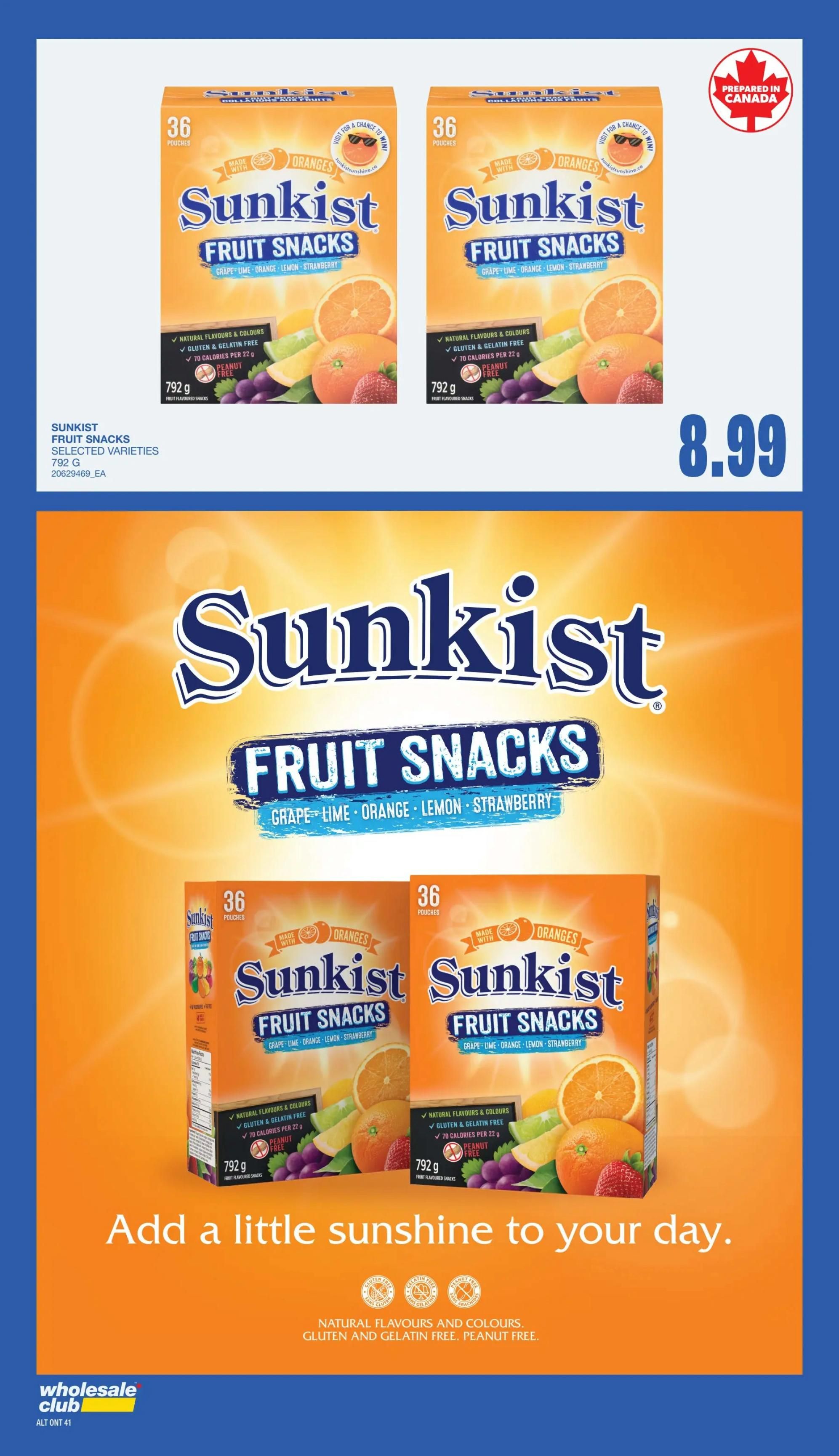 Wholesale Club flyer page 38 features Sunkist Fruit Snacks in selected varieties, 792g, for $8.99. The product is made with oranges and comes in 36 pouches. It is gluten and gelatin free, peanut free, and contains natural flavours and colours. The page also displays a large Sunkist Fruit Snacks logo and the tagline 'Add a little sunshine to your day.' The product is prepared in Canada.