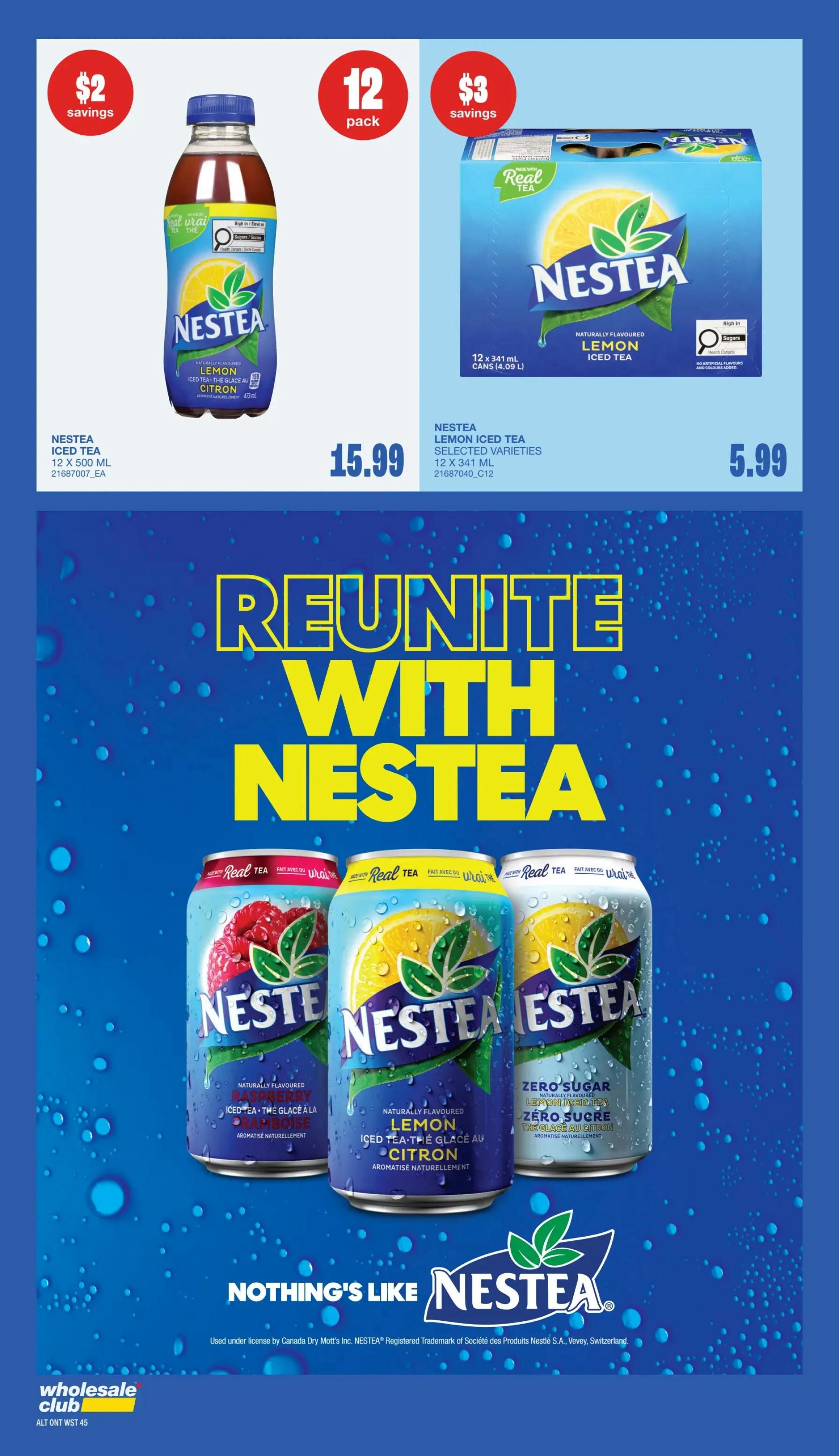 Wholesale Club flyer page 42 features Nestea iced tea products. A single bottle of Nestea Lemon Iced Tea, 12 x 500 mL, is on sale for $15.99 with $2 savings. A 12-pack of Nestea Lemon Iced Tea, 12 x 341 mL cans, is available for $5.99 with $3 savings. The page also showcases three cans of Nestea Iced Tea: Raspberry, Lemon, and Zero Sugar Lemon, with the tagline 'Reunite with Nestea' and 'Nothing's Like Nestea'.