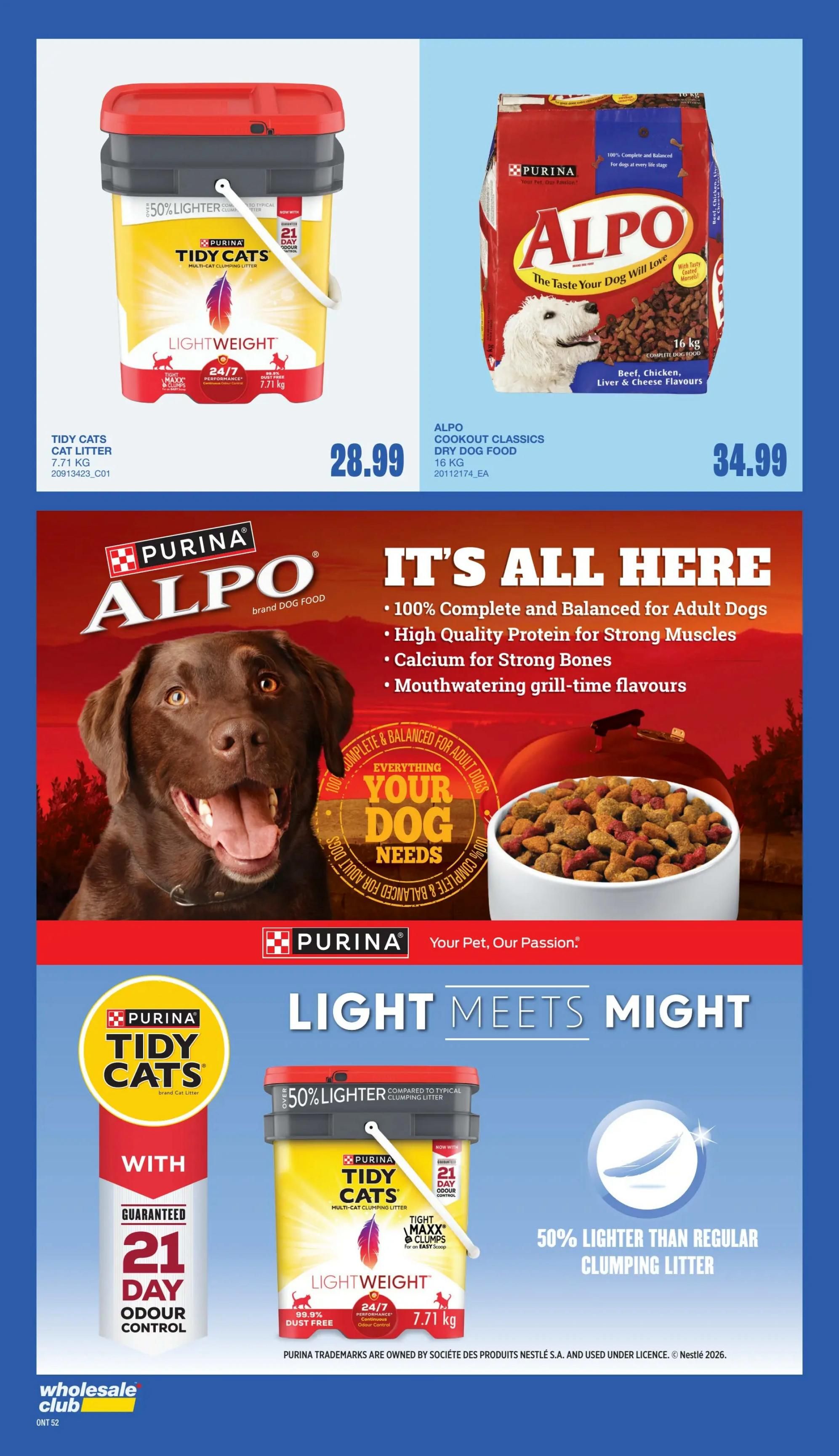 Wholesale Club Ontario flyer, page 49. Features Purina Tidy Cats Lightweight Multi-Cat Clumping Litter, 7.71 kg, for $28.99, offering 24/7 performance, 99.9% dust-free, and 21-day odour control. Also features Alpo Cookout Classics Dry Dog Food, 16 kg, for $34.99, with Beef, Chicken, Liver & Cheese flavours. The page highlights that Alpo dog food is 100% complete and balanced for adult dogs, with high-quality protein, calcium for strong muscles, and mouthwatering grill-time flavours. It also emphasizes that Purina Tidy Cats litter is over 50% lighter than regular clumping litter.