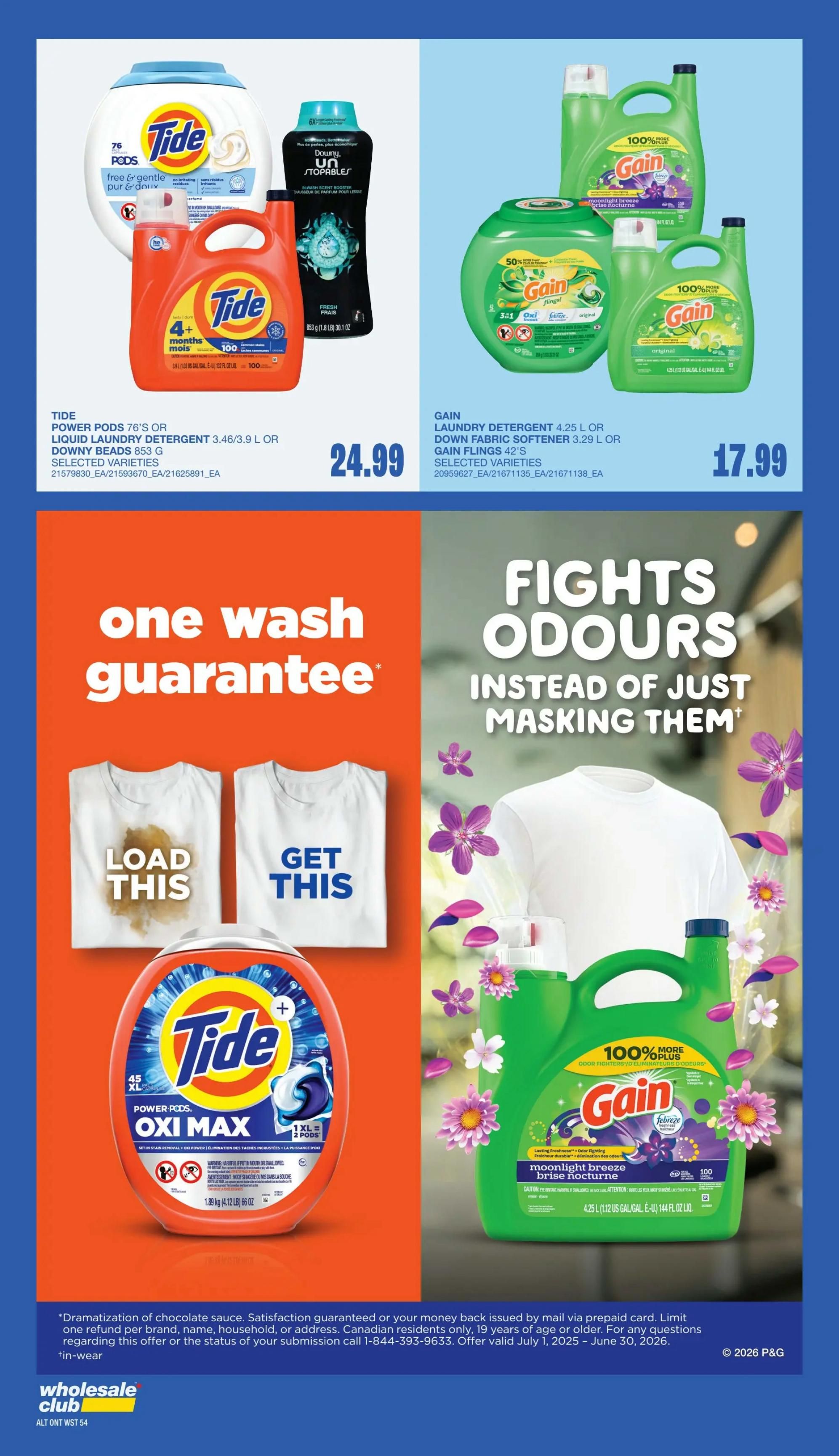 Wholesale Club flyer page 51 features laundry products. On the left, Tide Power Pods 76's or Liquid Laundry Detergent 3.46/3.9 L or Downy Beads 853 g are available for $24.99. In the centre, a graphic shows a stained shirt with the text 'LOAD THIS' and a clean shirt with 'GET THIS', alongside Tide Oxi Max Power Pods 45 XL capsules. On the right, Gain Laundry Detergent 4.25 L or Down Fabric Softener 3.29 L or Gain Flings 42's are on sale for $17.99. The page also highlights 'Fights Odours Instead of Just Masking Them' with images of Gain Moonlight Breeze and Original scents.
