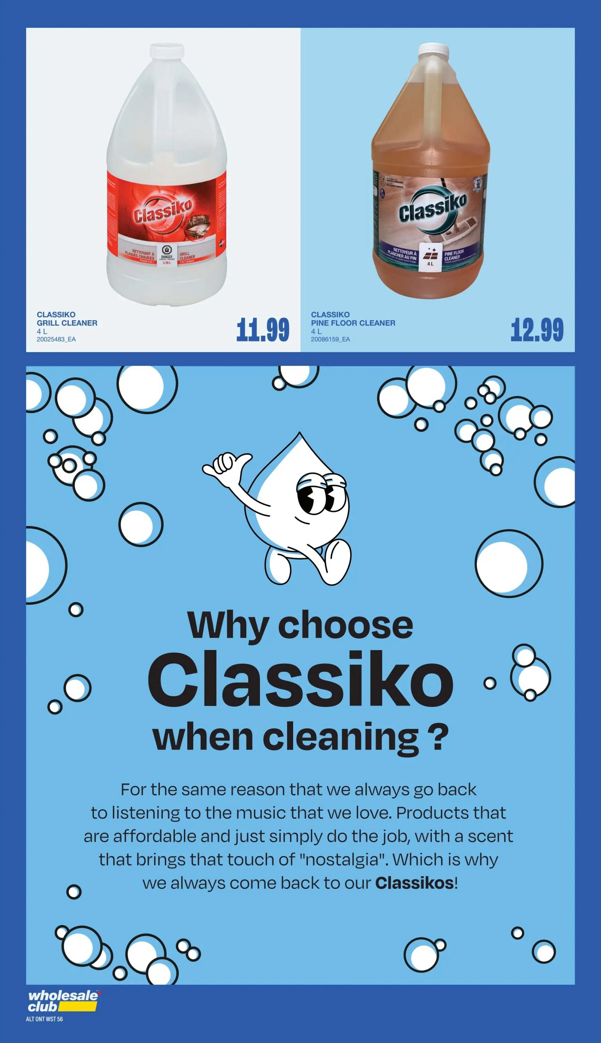 Wholesale Club flyer page 53 features Classiko cleaning products. On the left, Classiko Grill Cleaner, 4 L, is priced at $11.99. On the right, Classiko Pine Floor Cleaner, 4 L, is priced at $12.99. The page also includes a graphic and text asking 'Why choose Classiko when cleaning?', highlighting that their products are affordable, effective, and have a nostalgic scent.