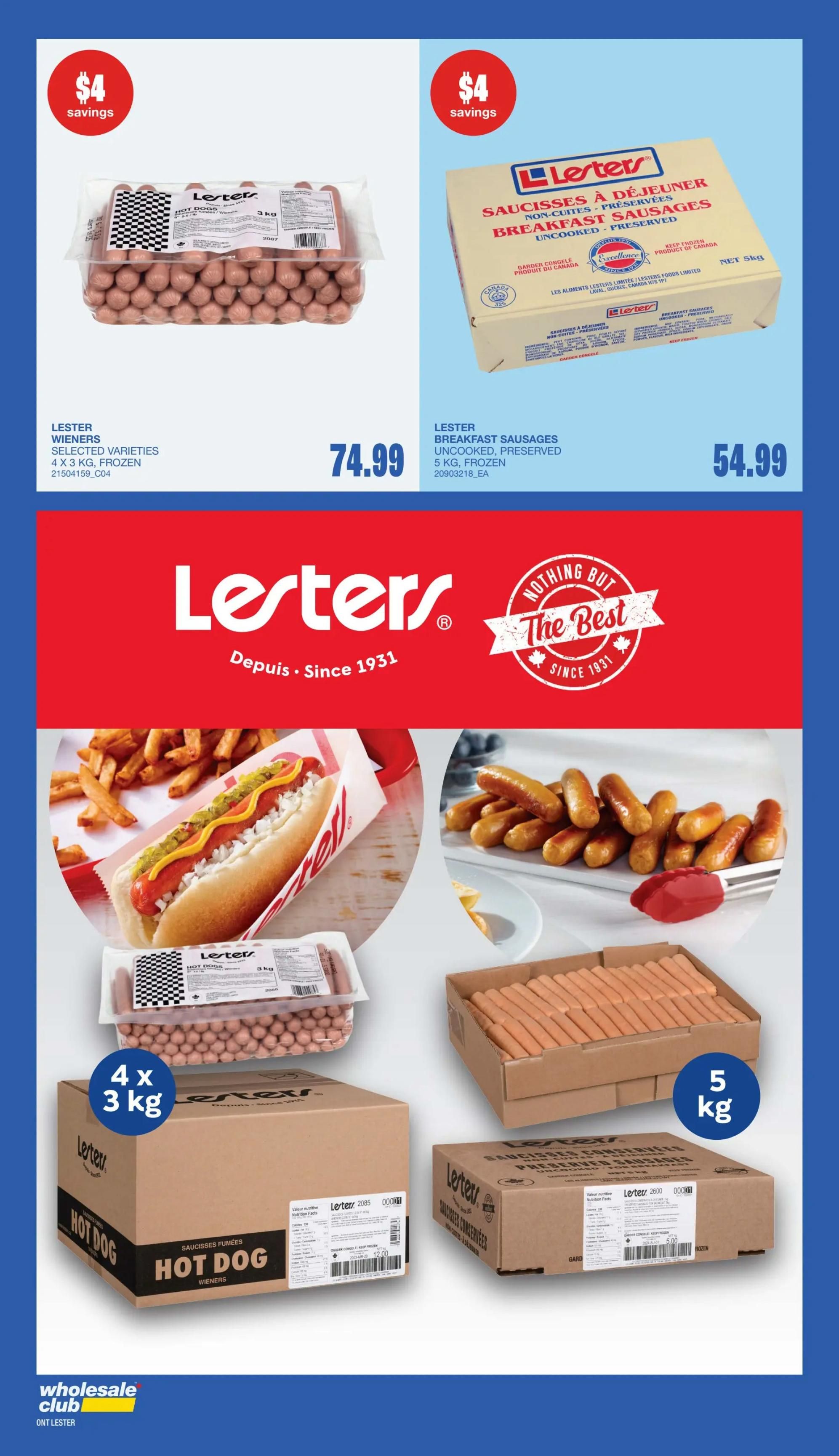 Wholesale Club Ontario flyer page 56 features Lester brand sausages and wieners. On the top left, Lester Wieners, selected varieties, 4 x 3 kg, frozen are on sale for $74.99 with a $4 savings. On the top right, Lester Breakfast Sausages, uncooked, preserved, 5 kg, frozen are on sale for $54.99 with a $4 savings. The page also shows images of a hot dog with fries, a package of wieners, and boxes of hot dog wieners, including a 5 kg box and a 3 kg box. The bottom left corner displays the Wholesale Club logo for Ontario.