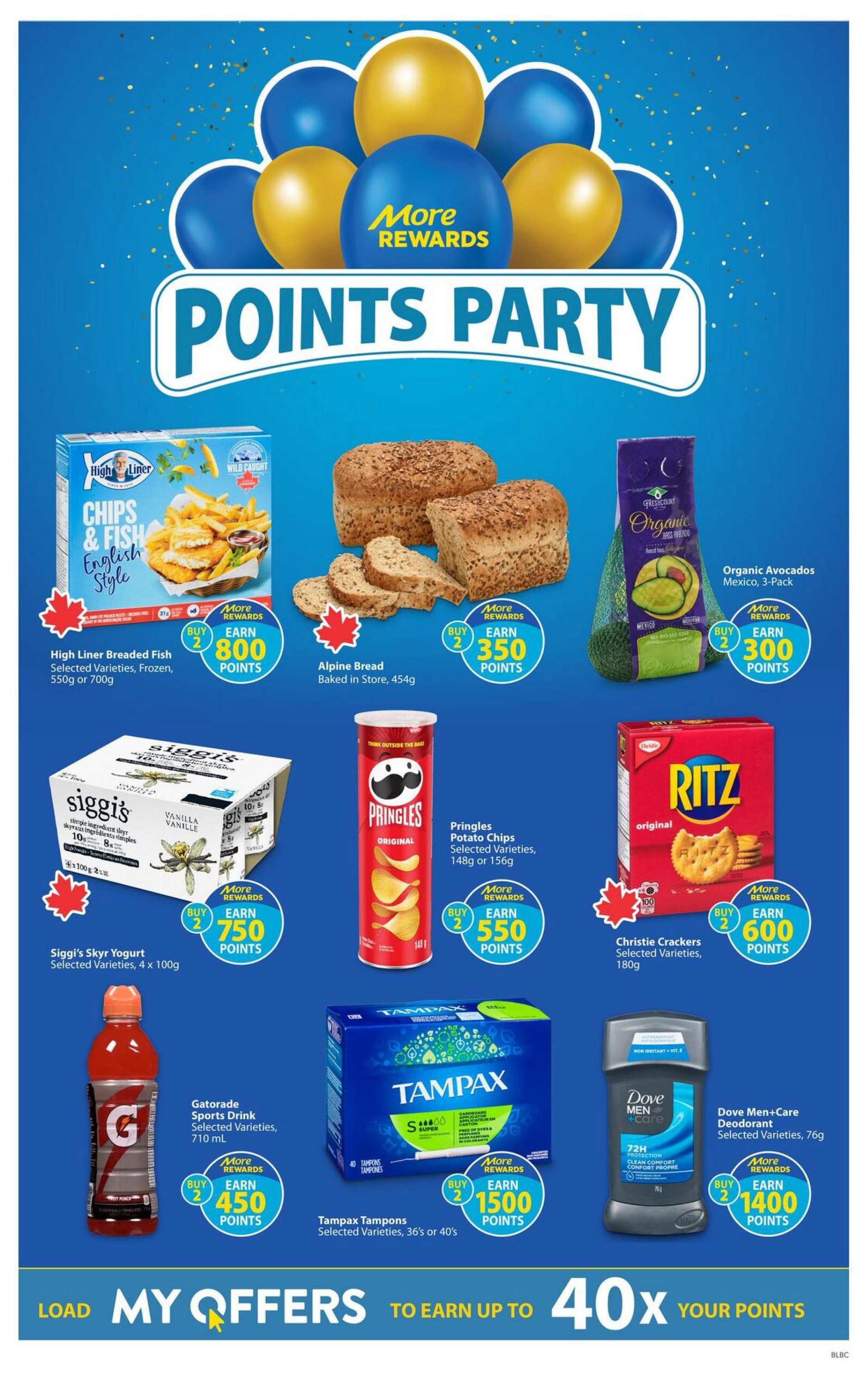 Buy-Low Foods flyer page 10 featuring a Points Party promotion. Offers include High Liner Breaded Fish, selected varieties, frozen, 550g or 700g, earn 800 points when you buy 2. Alpine Bread, baked in store, 454g, earn 350 points when you buy 2. Organic Avocados, Mexico, 3-pack, earn 300 points when you buy 2. Siggi's Skyr Yogurt, selected varieties, 4 x 100g, earn 750 points when you buy 2. Pringles Potato Chips, selected varieties, 148g or 156g, earn 550 points when you buy 2. Christie Crackers, selected varieties, 180g, earn 600 points when you buy 2. Gatorade Sports Drink, selected varieties, 710 mL, earn 450 points when you buy 2. Tampax Tampons, selected varieties, 36's or 40's, earn 1500 points when you buy 2. Dove Men+Care Deodorant, selected varieties, 76g, earn 1400 points when you buy 2. Load My Offers to earn up to 40x your points.