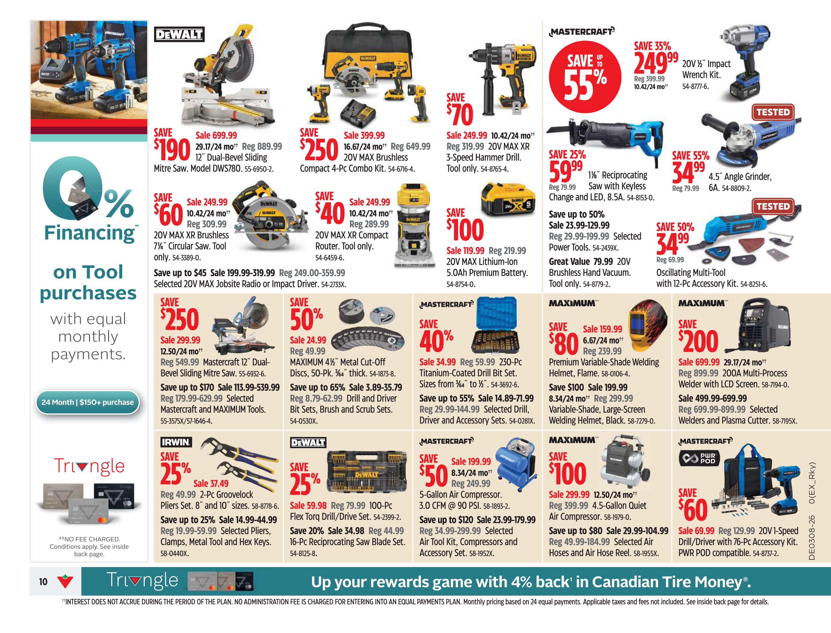 Canadian Tire weekly flyer specials page 10 features a variety of tools and accessories. Featured items include a DeWalt 12' Dual-Bevel Sliding Mitre Saw on sale for $190 (regular $889.99), a DeWalt 20V MAX Brushless Compact 4-Pc Combo Kit for $250 (regular $649.99), and a DeWalt 20V MAX XR 3-Speed Hammer Drill for $249.99 (regular $319.99). Also available are a Mastercraft 20V Lithium-Ion 5.0Ah Premium Battery for $100 (regular $219.99), a Mastercraft 230-Pc Titanium-Coated Drill Bit Set for $34.99 (regular $59.99), and various drill and driver bit sets. Mastercraft offers a 4.5' Angle Grinder for $34.99 (regular $79.99) and an Oscillating Multi-Tool with 12-Pc Accessory Kit for $34.99 (regular $69.99). Maximum brand tools include a Variable-Shade Welding Helmet for $80 (regular $239.99) and a 200A Multi-Process Welder with LCD Screen for $200 (regular $899.99). Irvin offers a 2-Pc Groovelock Pliers Set for $37.49 (regular $49.99) and selected pliers, metal tools, and hex keys. Financing options are available on tool purchases with equal monthly payments for 24 months on purchases of $150 or more. The page also highlights Triangle Rewards with '4% back in Canadian Tire Money' on purchases.