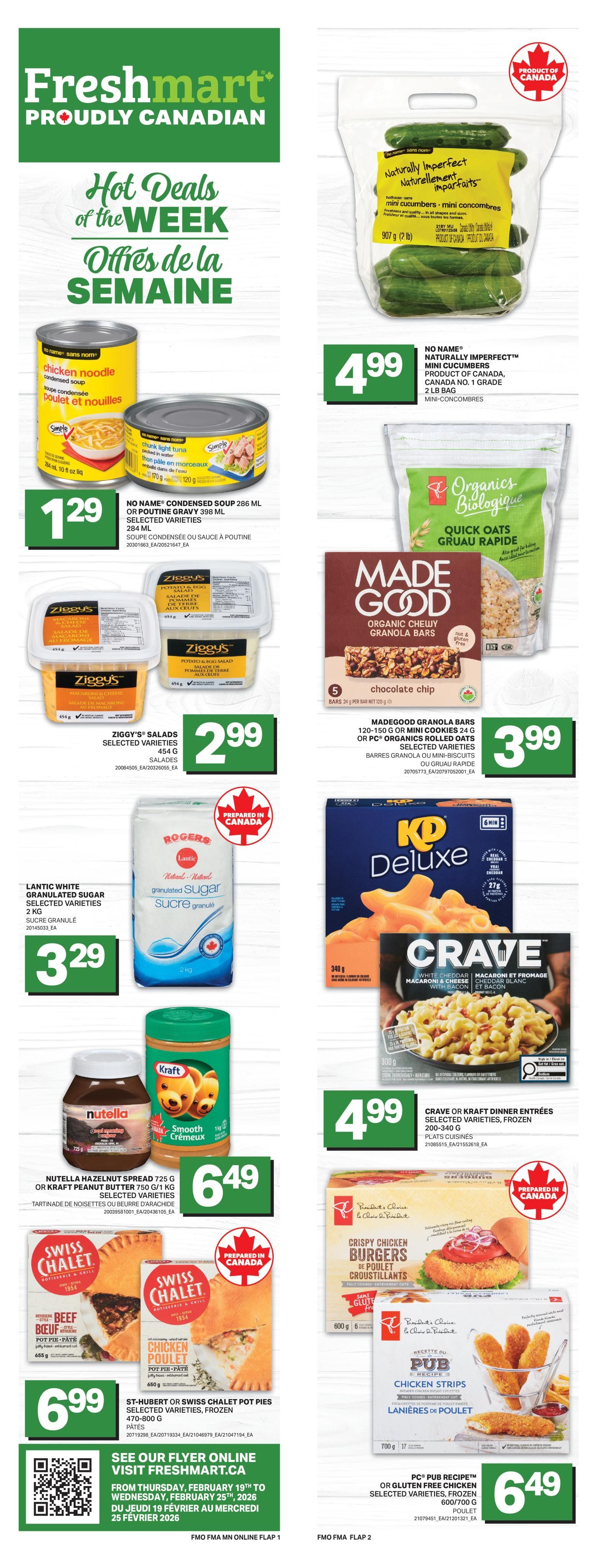 Freshmart weekly flyer specials for Western Canada, page 2. Featured items include Chicken Drumsticks Family Size for $2.99/lb, Beef Boneless Inside Round Oven Roast for $7.49/lb. Also available are Broccoli Crowns or PC Mini Potatoes for $2.99, Cantaloupe or Pineapple for $2.99 each. PC Dips or Naan Crisps are $2.79. Country Harvest Bread or Bagels are $3.49. No Name Pasta selected varieties 900g for $1.79. Real Canadian Spring Water 24 x 500 mL for $2.79. Yoplait Source 630g or Minigo Yogurt 6's for $2.49. Green Giant 750g or Valley Selections 400/500g frozen vegetables for $2.99. Hellmann's Real Mayonnaise 750/890 mL for $5.99. Palmolive or Dawn Detergent 431/828 mL for $2.49. Note: Beef is cut from Canada AA grade beef or higher.