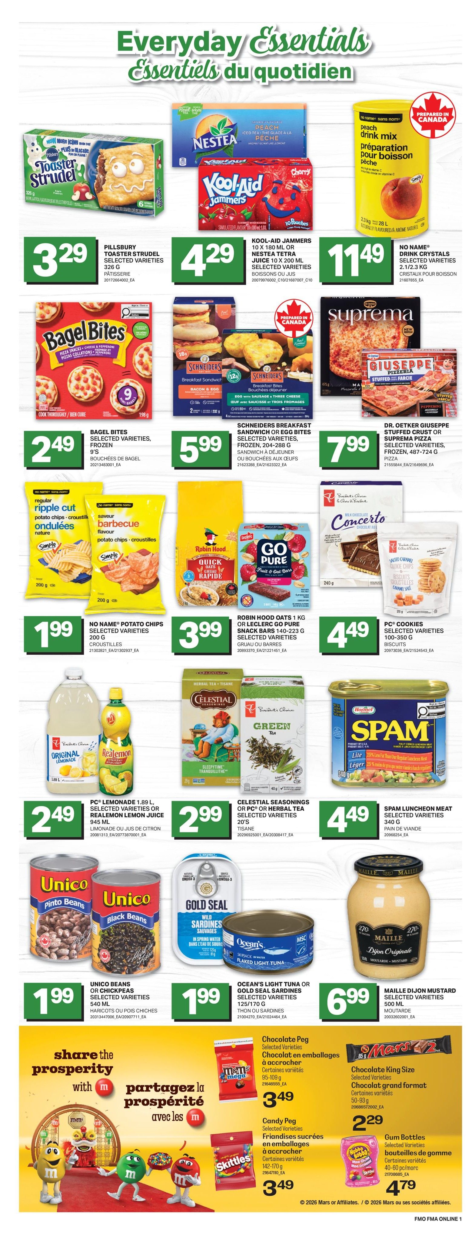 Freshmart Weekly Flyer Specials, Page 6. Featured items include Pillsbury Toaster Strudel for $3.29, Kool-Aid Jammers or Nestea Iced Tea for $4.29, and No Name Drink Crystals for $11.49. Bagel Bites are on sale for $2.49. Schneiders Breakfast Sandwiches or Egg Bites are $5.99, and Dr. Oetker Giuseppe Stuffed Crust or Suprema Pizza is $7.99. No Name Potato Chips are $1.99. Robin Hood Oats 1 kg are $3.99. Go Pure Fruit & Oat Bars are $1.99. PC Lemonade or Realemon Juice is $2.49. Celestial Seasonings Tea or PC Herbal Tea is $2.99. Spam Luncheon Meat is $4.49. Unico Beans or Chickpeas are $1.99. Ocean's Light Tuna or Gold Seal Sardines are $1.99. Maille Dijon Mustard is $6.99. Also featured are M&M's Chocolate Pegs for $3.49, Mars Chocolate King Size bars for $2.29, and Nobble Bubba Gum Bottles for $4.79. The page also includes a 'Share the Prosperity' promotion with M&M's characters.