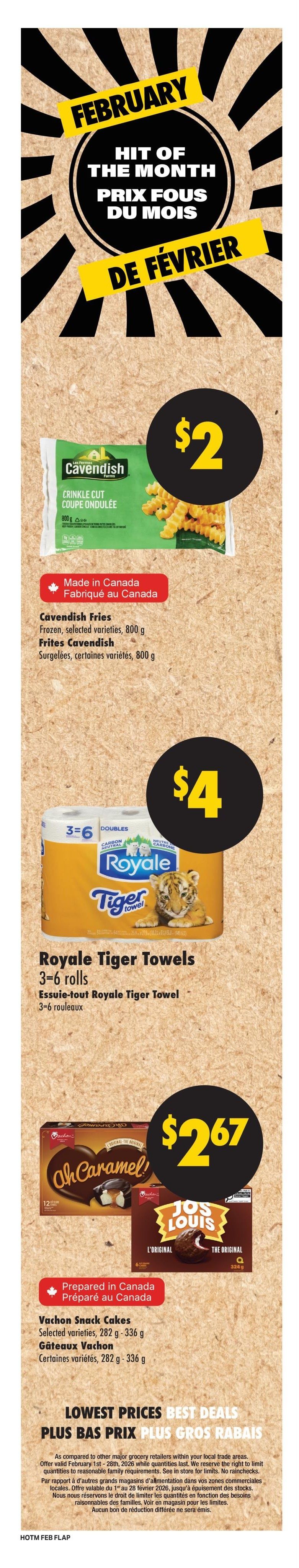 Freshmart weekly flyer specials, page 7. Featuring Cavendish Crinkle Cut Fries, frozen, selected varieties, 800 g for $2. Royale Tiger Towels, 3=6 rolls, for $4. Vachon Snack Cakes, selected varieties, 282 g - 336 g, including Jos Louis and Ah Caramel!, for $2.67. The flyer highlights 'Hit of the Month' specials and 'Lowest Prices Best Deals'.