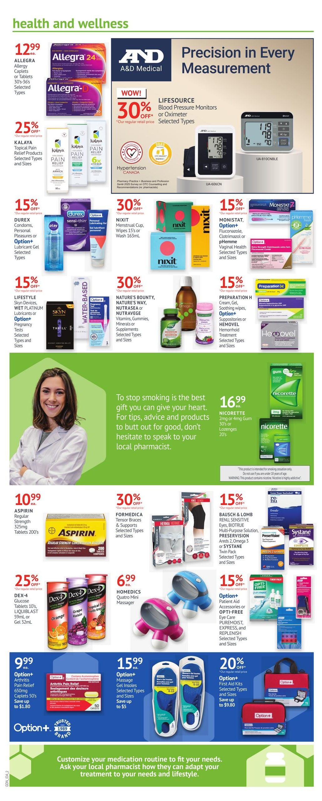 Guardian Pharmacy weekly flyer specials page 2, featuring health and wellness products. Offers include Allegra 24 Allergy Caplets or Tablets for $12.99, Kalaya Topical Pain Relief Products on sale for 25% off, and Durex Condoms, Personal Pleasures or Option+ Lubricant Gel for 15% off. Also featured are Lifesource Blood Pressure Monitors or Oximeters with 30% off, Nixit Menstrual Cups, Wipes or Wash for 30% off, and Monistat, Option+ Fluconazole, Clotrimazole or pHemme Vaginal Health products for 15% off. Nature's Bounty, Nature's Way, Nutrasea or Nutravege Vitamins, Gummies, Minerals or Supplements are 30% off. Preparation H Cream, Gel, Soothing Wipes, Option+ Suppositories or Hemovel Hemorrhoid Treatment are 15% off. Aspirin Regular Strength 325mg Tablets 200's are $10.99. Formedica Tensor Braces & Supports are 30% off. Bausch & Lomb Multi-Purpose Solution, Preservision Areds 2, Omega 3 or Systane Twin Pack are 15% off. Dex-4 Glucose Tablets 10's, Liquiblast 59mL or Gel 32mL are 25% off. Homedics Quatro Mini Massager is $6.99. Option+ Arthritis Pain Relief 650mg Caplets 50's are $9.99, saving up to $1.80. Option+ Massage Gel Insoles are $15.99, saving up to $5. Option+ First Aid Kits are 20% off, saving up to $9.80. Nicorette 2mg or 4mg Gum 30's or Lozenges 20's are $16.99. The page also includes a message about consulting your local pharmacist for advice on quitting smoking.