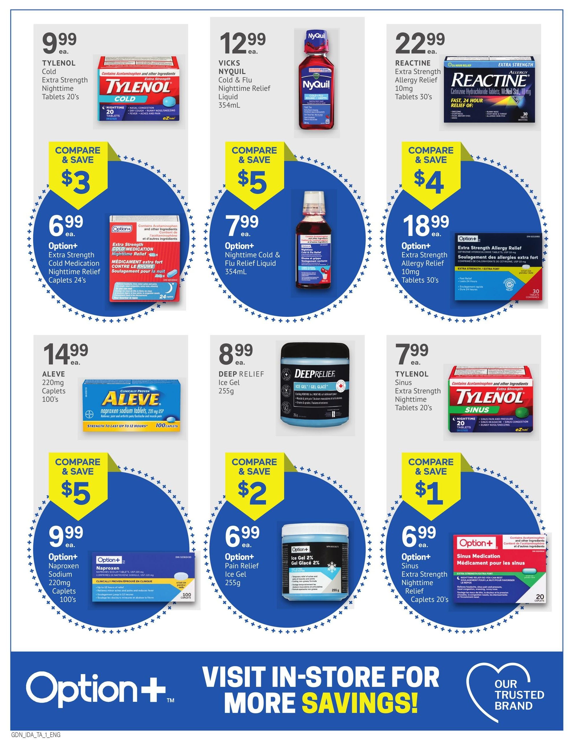 Guardian Pharmacy weekly flyer specials page 3 features a variety of cold, flu, allergy, and pain relief medications. Top row includes Tylenol Cold Extra Strength Nighttime Tablets 20's for $9.99 with a $3 saving, Vick's NyQuil Cold & Flu Nighttime Relief Liquid 354mL for $12.99 with a $5 saving, and Reactine Extra Strength Allergy Relief 10mg Tablets 30's for $22.99 with a $4 saving. Second row showcases Option+ Extra Strength Cold Medication Nighttime Relief Caplets 24's for $6.99, Option+ Nighttime Cold & Flu Relief Liquid 354mL for $7.99 with a $5 saving, and Option+ Extra Strength Allergy Relief 10mg Tablets 30's for $18.99 with a $4 saving. Third row features Aleve 220mg Caplets 100's for $14.99 with a $5 saving, Deep Relief Ice Gel 255g for $8.99 with a $2 saving, and Tylenol Sinus Extra Strength Nighttime Tablets 20's for $7.99 with a $1 saving. Bottom row includes Option+ Naproxen Sodium 220mg Caplets 100's for $9.99, Option+ Pain Relief Ice Gel 255g for $6.99, and Option+ Sinus Medication Extra Strength Nighttime Relief Caplets 20's for $6.99. The page also highlights 'Visit In-Store For More Savings!' and 'Our Trusted Brand'.
