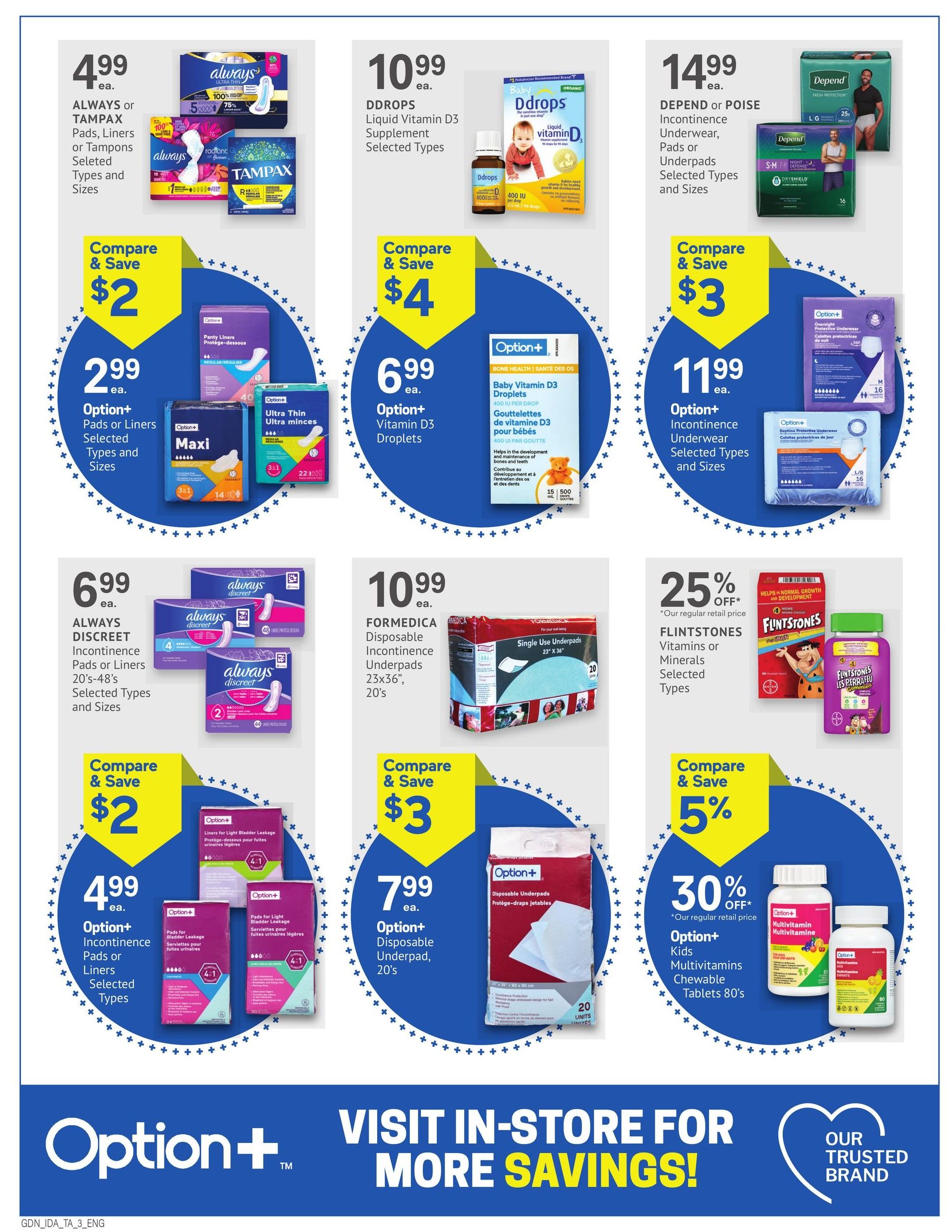 Guardian Pharmacy weekly flyer specials page 5. Featured products include Always or Tampax Pads, Liners, or Tampons for $4.99, with a Compare & Save $2 offer. Option+ Pads or Liners Maxi are $2.99, with a Compare & Save $2 offer. Always Discreet Incontinence Pads or Liners (20's-48's) are $6.99, with a Compare & Save $2 offer. Option+ Pads for Bladder Leakage are $4.99. Ddrops Liquid Vitamin D3 Supplement Selected Types are $10.99, with a Compare & Save $4 offer. Option+ Vitamin D3 Droplets are $6.99. Depend or Poise Incontinence Underwear, Pads or Underpads Selected Types and Sizes are $14.99, with a Compare & Save $3 offer. Option+ Overnight Protective Underwear and Daytime Protective Underwear are $11.99. Formedica Disposable Incontinence Underpads (23'x36', 20's) are $10.99. Option+ Disposable Underpads (20's) are $7.99. Flintstones Vitamins or Minerals Selected Types are 25% off our regular retail price. Option+ Kids Multivitamins Chewable Tablets (80's) are 30% off our regular retail price. The bottom of the page features a large blue banner with the text 'Option+ VISIT IN-STORE FOR MORE SAVINGS!' and 'OUR TRUSTED BRAND'.