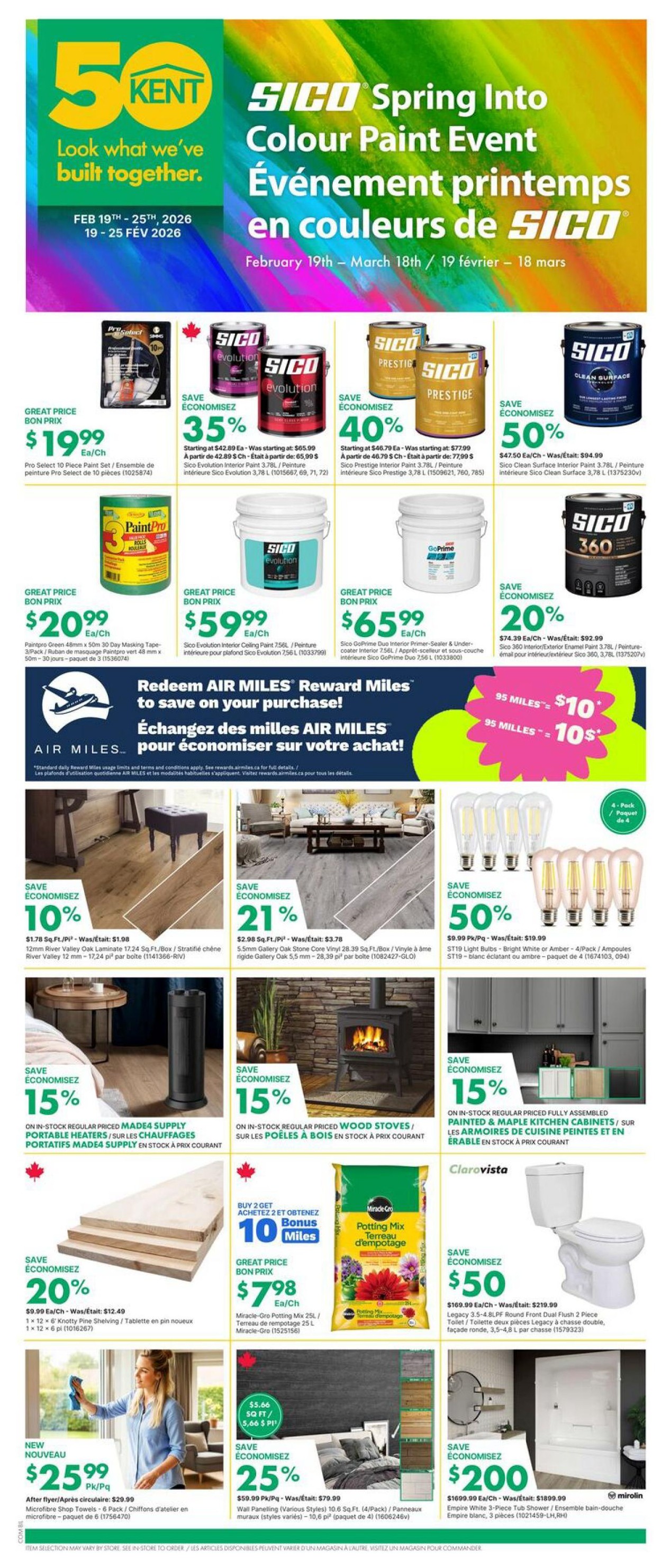 Kent flyer page 1 features the SICO Spring Into Colour Paint Event with savings up to 50% off. Featured paint products include Sico Evolution Interior Paint 3.78L for $42.89, Sico Prestige Interior Paint 3.78L for $46.79, and Sico Clean Surface Interior Paint 3.78L for $47.50. Also available is PaintPro Green 50m 30-Day Masking Tape/3-Pack for $20.99. Sico Evolution Interior Ceiling Paint 7.56L is $59.99 each, and Sico GoPrime Duo Interior Primer-Sealer & Under-coater 7.56L is $65.99 each. Save 10% on 12mm River Valley Oak Laminate flooring, now $1.78 per sq.ft. Save 21% on 5.5mm Gallery Oak Stone Core Vinyl flooring, now $2.98 per sq.ft. Save 50% on ST19 Light Bulbs (Bright White or Amber) 4-Pack for $9.99. Save 15% on Made4 Supply Portable Heaters and Wood Stoves. Save 15% on Painted & Maple Kitchen Cabinets. Buy 2 Get 10 Bonus Miles on Miracle-Gro Potting Mix 25L, priced at $7.98 each. New Microfibre Shop Towels - 6 Pack for $25.99. Save 25% on Wall Panelling (Various Styles) 10.6 Sq.Ft. (4/Pack) for $59.99. Save $50 on Legacy 3.5-4.8LPF Round Front Dual Flush 2-Piece Toilets, now $169.99. Save $200 on Empire White 3-Piece Tub Shower Ensemble, now $1699.99. The flyer also highlights an AIR MILES Reward Miles offer: 95 Miles equals $10 off.