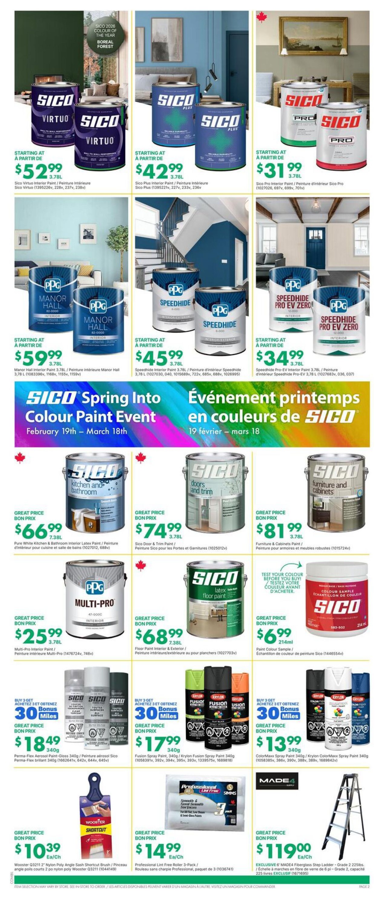 Kent weekly flyer specials page 2 features the SICO Spring Into Colour Paint Event. Featured products include SICO Virtuo Interior Paint at $52.99 for 3.78L, SICO Plus Interior Paint at $42.99 for 3.78L, and SICO Pro Interior Paint at $31.99 for 3.78L. Also available are PPG Manor Hall Interior Paint at $59.99 for 3.78L, PPG Speedhide Interior/Exterior Paint at $45.99 for 3.78L, and PPG Speedhide Pro EV Zero Interior Paint at $34.99 for 3.78L. The event runs from February 19th to March 18th. Other paint options include SICO Pure White Kitchen & Bathroom Interior Latex Paint for $66.99 (7.38L), SICO Door & Trim Paint for $74.99 (3.78L), SICO Furniture & Cabinets Paint for $81.99 (3.78L), PPG Multi-Pro Interior Paint for $25.99 (3.78L), SICO Latex Floor Paint for $68.99 (7.38L), and SICO Colour Sample Paint for $6.99 (214ml). Special offers include 30 Bonus Miles with the purchase of 3 SICO Perma-Flex Aerosol Paint-Gloss 340g for $18.49, or 3 Krylon Fusion Spray Paint 340g for $17.99, or 3 Krylon ColorMaxx Spray Paint 340g for $13.99. Also on sale is the Wooster Q3211 2' Nylon Poly Angle Sash Shortcut Brush for $10.39 each, and a Professional Lint Free Roller 3-Pack for $14.99 each. A MADE4 Fiberglass Step Ladder is available for $119.00 each.