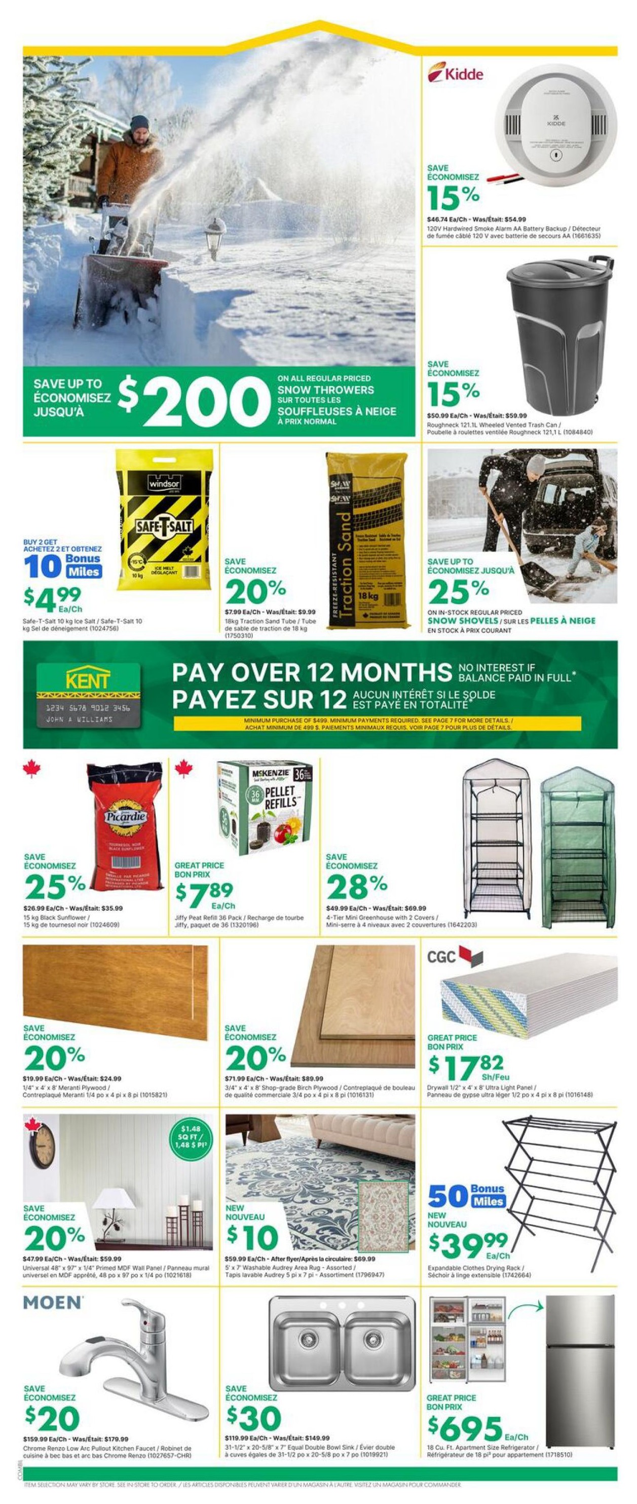 Kent weekly flyer specials page 8 features a large image of a person using a snow blower with a 'Save up to $200' offer on regular priced snow throwers. Other deals include a Kidde 120V Hardwired Smoke Alarm with Battery Backup for $46.74 (save 15%), a Roughneck 121.1L Wheeled Vented Trash Can for $50.99 (save 15%), and a 10 kg bag of Windsor Safe-T-Salt for $4.99 when you buy 2, earning 10 bonus Miles. Also available is 18 kg of Traction Sand for $7.99 (save 20%). The page highlights a 'Pay Over 12 Months' financing option with no interest if paid in full on purchases of $499 or more. Additional offers include 15 kg Black Sunflower or 15 kg tournesol noir for $26.99 (save 25%), Jiffy Peat Refill 36 Pack for $7.89, and a 4-Tier Mini Greenhouse with 2 Covers for $49.99 (save 28%). Wood products on sale: 1/4' x 4' x 8' Meranti Plywood for $19.99 (save 20%) and 3/4' x 4' x 8' Shop-grade Birch Plywood for $71.99 (save 20%). CGC Drywall 1/2' x 4' x 8' Ultra Light Panel is $17.82/sh. Other deals: Universal 48' x 97' x 1/4' Primed MDF Wall Panel for $47.99 (save 20%), a new 5' x 7' Washable Audrey Area Rug for $10, and an Expandable Clothes Drying Rack for $39.99 with 50 bonus Miles. Moen Chrome Renzo Low Arc Pullout Kitchen Faucet is $159.99 (save $20), and a 31-1/2' x 20-5/8' x 7' Equal Double Bowl Sink is $119.99 (save $30). Finally, an 18 Cu. Ft. Apartment Size Refrigerator is on Great Price for $695.
