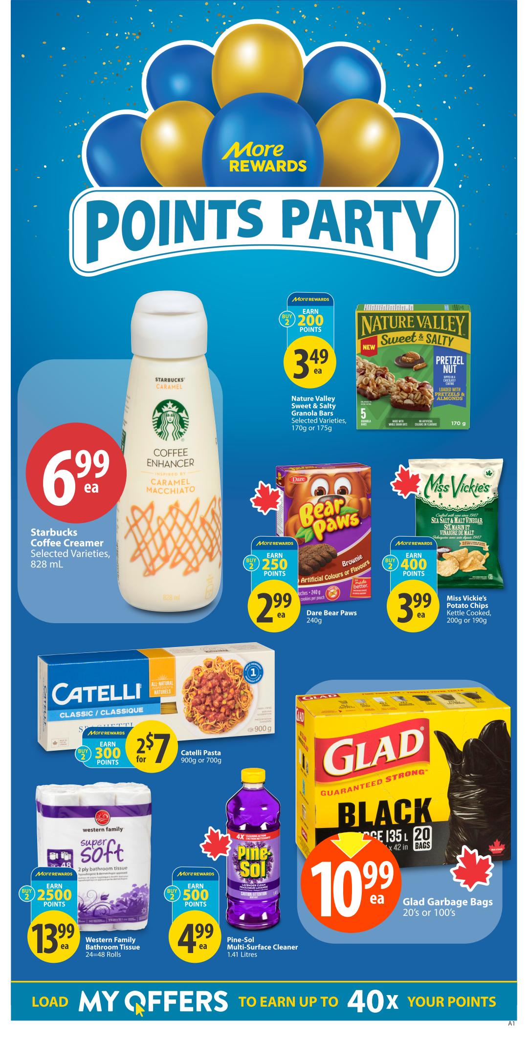 Save-On-Foods weekly flyer specials page featuring a 'Points Party' promotion. Highlights include Starbucks Coffee Creamer in Caramel Macchiato flavour for $6.99, Nature Valley Sweet & Salty Granola Bars for $3.49, Dare Bear Paws cookies for $2.99 (earn 250 points when you buy 2), and Miss Vickie's Kettle Cooked Potato Chips for $3.99 (earn 400 points when you buy 2). Also featured are Catelli Pasta for $7 for 2 (earn 300 points when you buy 2), Western Family Super Soft 2-ply bathroom tissue (24-48 rolls) for $13.99 (earn 2500 points), Pine-Sol Multi-Surface Cleaner for $4.99 (earn 500 points when you buy 2), and Glad Garbage Bags (20's or 100's) for $10.99. The bottom banner advertises 'Load My Offers to Earn Up to 40x Your Points.