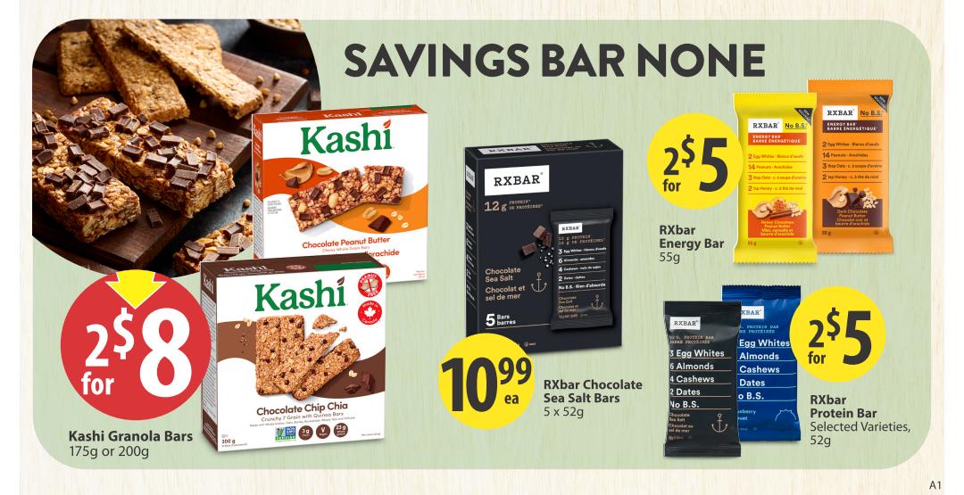 Save-On-Foods weekly flyer specials page 21 features Kashi Granola Bars, 175g or 200g, on sale for 2 for $8. Also featured are RXBar Energy Bars, 55g, for 2 for $5, and RXBar Protein Bars, selected varieties, 52g, for 2 for $5. The RXBar Chocolate Sea Salt Bars, 5 x 52g, are priced at $10.99 each.