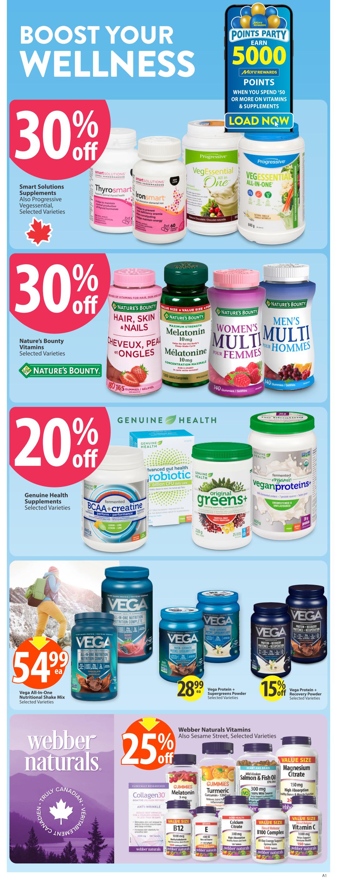 Save-On-Foods weekly flyer specials page 27. Boost Your Wellness section features 30% off Smart Solutions Supplements, including Thyrosmart and Iron Smart, and also Progressive VegEssential All-In-One selected varieties. Nature's Bounty Vitamins are also 30% off, featuring Hair, Skin & Nails, Melatonin 10mg, Women's Multi, and Men's Multi selected varieties. Genuine Health Supplements are 20% off, including fermented BCAA+Creatine, advanced gut health Robiotic, and original greens+ selected varieties. Vega All-In-One Nutritional Shake Mix selected varieties are $54.99 each. Vega Protein + Supergreens Powder selected varieties are $28.99 each and 15% off Vega Protein + Recovery Powder selected varieties. Webber Naturals Vitamins are 25% off, including Collagen30, Gummies Melatonin, Turmeric Curcumin, Wild Alaskan Salmon & Fish Oil, Magnesium Citrate, B12, Vitamin E, Calcium Citrate, B100 Complex, and Vitamin C selected varieties. Earn 5000 More Rewards points when you spend $50 or more on vitamins and supplements.