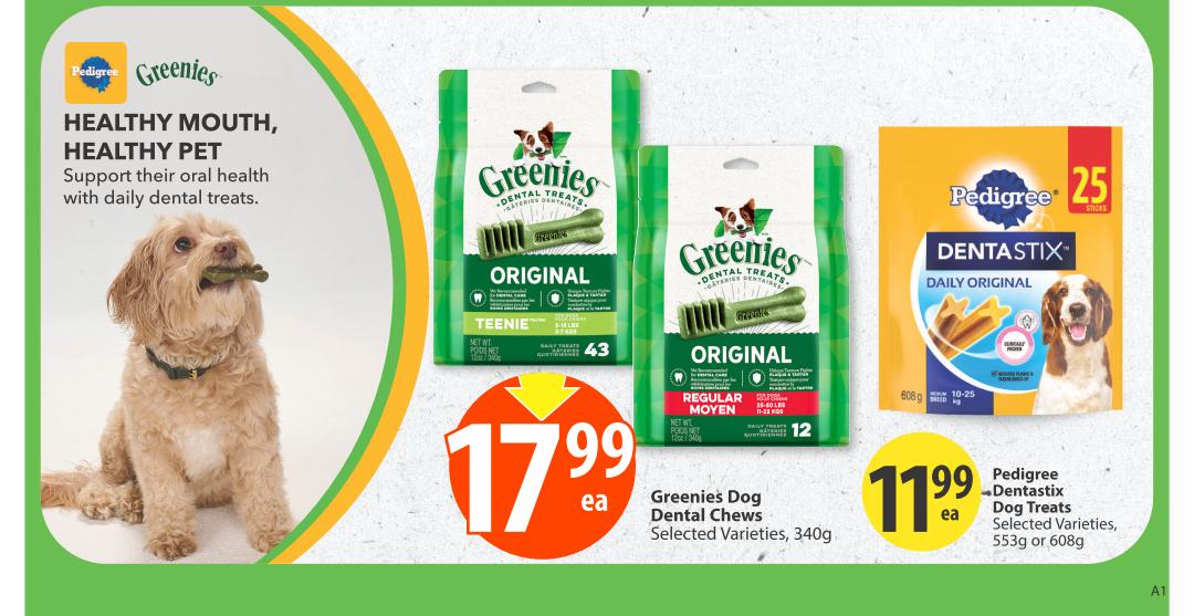 Save-On-Foods weekly flyer specials page 28 features Greenies Dog Dental Chews in Original Teenie and Regular Moyen varieties, 340g, for $17.99 each. Also featured are Pedigree Dentastix Daily Original Dog Treats in selected varieties, 553g or 608g, for $11.99 each. The page highlights the benefits of daily dental treats for a healthy mouth and healthy pet.