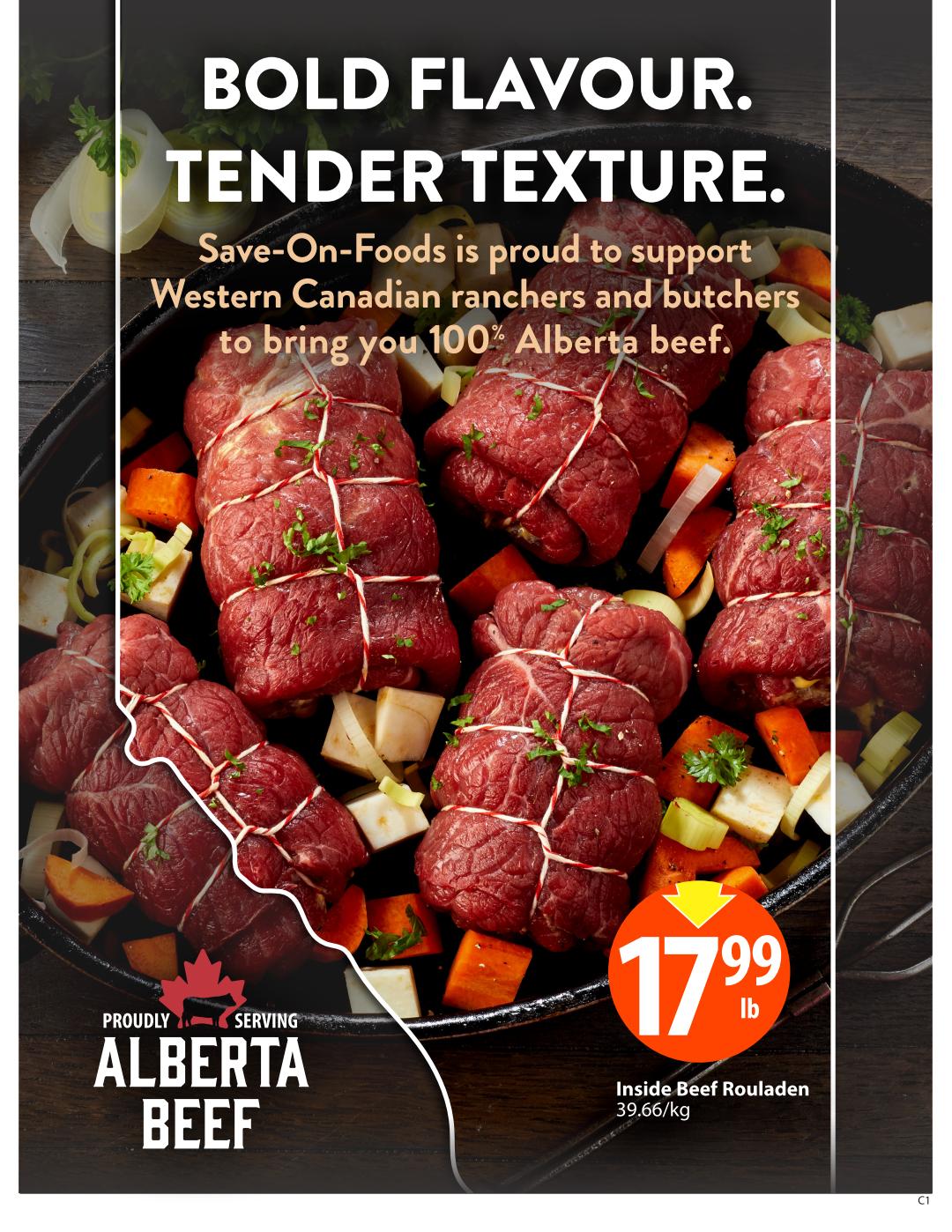 Save-On-Foods weekly flyer specials page 7 features 'Bold Flavour. Tender Texture.' with a focus on 100% Alberta beef. The page highlights Inside Beef Rouladen for $17.99 per pound, which is $39.66 per kilogram. The text 'Save-On-Foods is proud to support Western Canadian ranchers and butchers to bring you 100% Alberta beef' is prominently displayed.