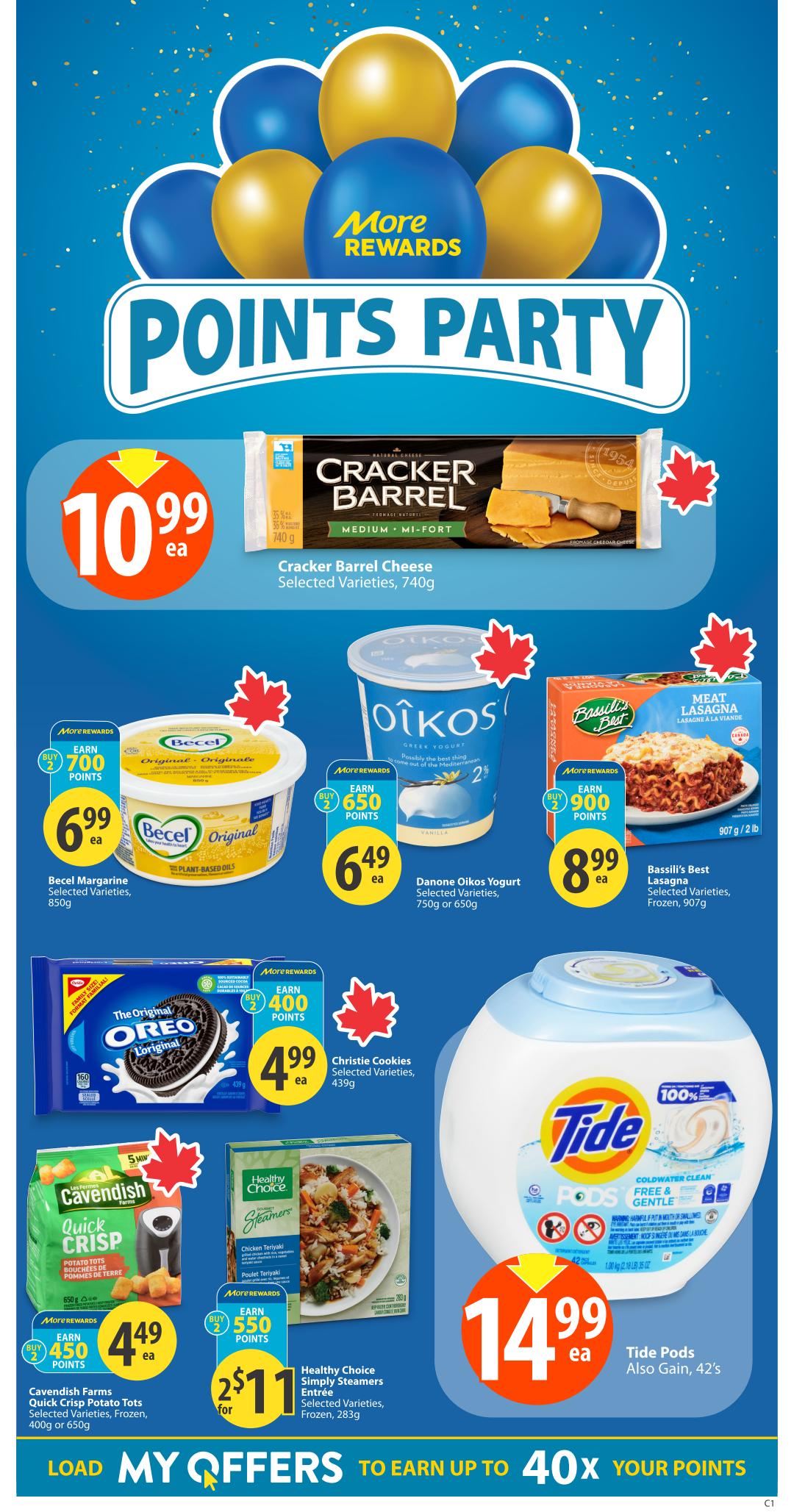 Save-On-Foods flyer page 14 featuring a Points Party promotion. Highlighted deals include Cracker Barrel Cheese for $10.99, Becel Margarine for $6.99 (earn 700 points when you buy 2), Danone Oikos Yogurt for $6.49 (earn 650 points when you buy 2), and Bassilli's Best Lasagna for $8.99 (earn 900 points when you buy 2). Also featured are Christie Cookies for $4.99 (earn 400 points when you buy 2), Cavendish Farms Quick Crisp Potato Tots for $4.49 (earn 450 points when you buy 2), and Healthy Choice Simply Steamers Entrée for 2 for $11 (earn 550 points when you buy 2). Tide Pods are available for $14.99. The page also promotes loading My Offers to earn up to 40x your points.