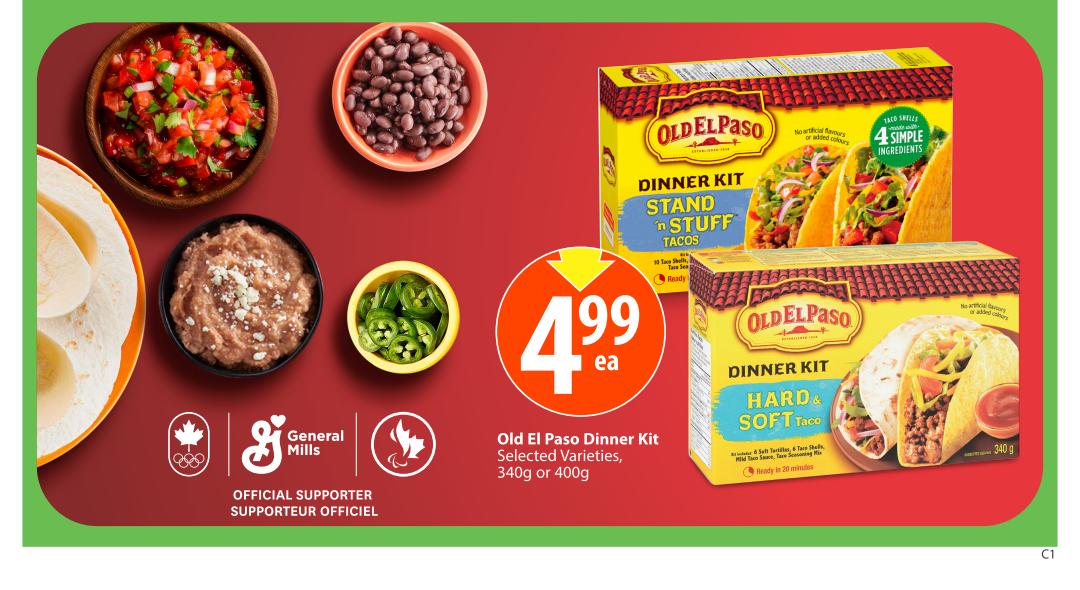 Page 16 of the Save-On-Foods flyer featuring Old El Paso Dinner Kits. The kits, available in Stand 'n Stuff Tacos and Hard & Soft Taco varieties, are priced at $4.99 each. The kits are 340g or 400g and contain no artificial flavours or added colours. The page also displays ingredients for tacos, including salsa, refried beans, black beans, and sliced jalapeños. General Mills is an official supporter.