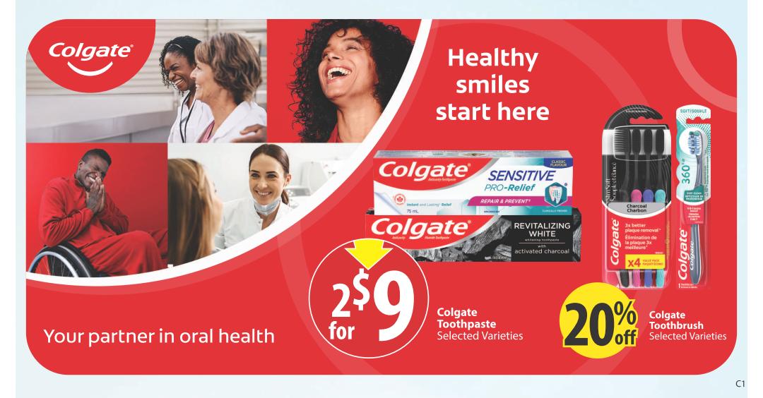 Save-On-Foods weekly flyer specials page 26, featuring Colgate oral health products. Healthy smiles start here with a promotion on Colgate Toothpaste, selected varieties, 2 for $9. Also available is Colgate Toothbrush, selected varieties, with a 20% off discount. The page includes images of people smiling and a person in a wheelchair, emphasizing inclusivity and oral health for everyone. Your partner in oral health.
