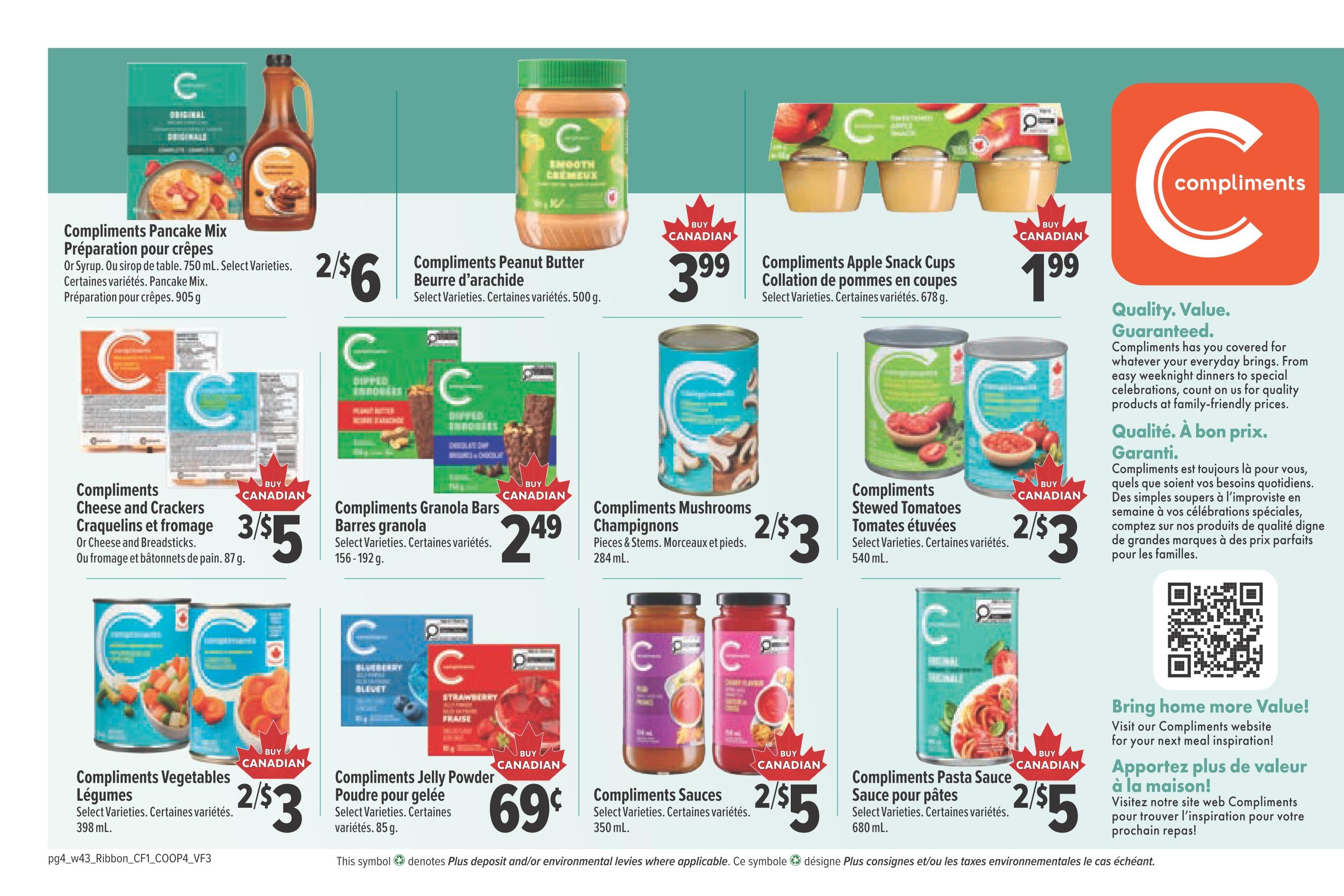Valufoods weekly flyer specials page 8 features Compliments brand products. Offers include Compliments Pancake Mix for $2/6, Compliments Peanut Butter for $3.99, and Compliments Apple Snack Cups for $1.99. Also featured are Compliments Cheese and Crackers for 3/$5, Compliments Granola Bars for $2.49, Compliments Mushrooms for 2/$3, Compliments Stewed Tomatoes for 2/$3, Compliments Vegetables for 2/$3, Compliments Jelly Powder for 69 cents, Compliments Sauces for 2/$5, and Compliments Pasta Sauce for 2/$5. The page highlights 'Quality. Value. Guaranteed.' and 'Apportez plus de valeur à la maison!' with a QR code to visit the Compliments website for meal inspiration.