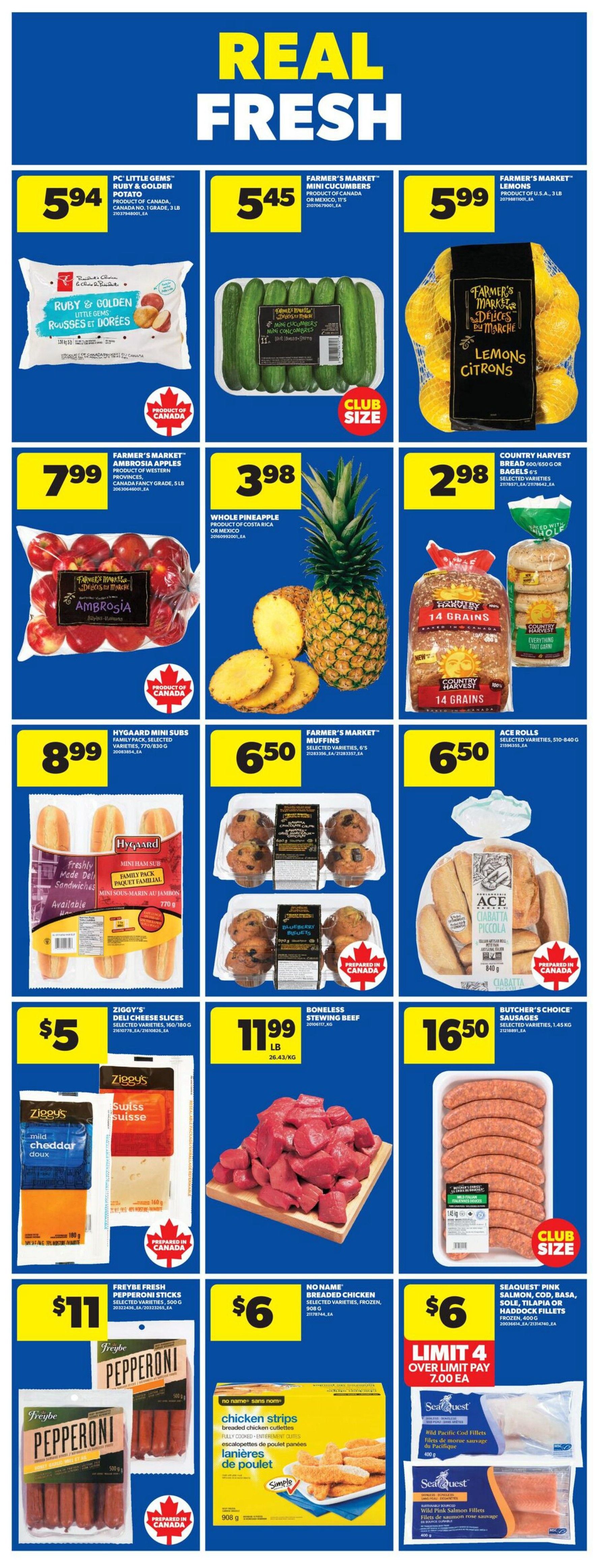Wholesale Club weekly flyer specials page 2 features fresh produce and bakery items. Highlights include PC Little Gems Ruby & Golden Potatoes for $5.94, Farmer's Market Mini Cucumbers for $5.45, and Farmer's Market Lemons (3 lb bag) for $5.99. Also featured are Farmer's Market Ambrosia Apples (5 lb bag) for $7.99, a Whole Pineapple for $3.98, and Country Harvest Bread (600g) or Bagels (6's) for $2.98. Bakery items include Hygaard Mini Subs (family pack) for $8.99, Farmer's Market Muffins (6's) for $6.50, and Ace Rolls Ciabatta Piccola (840g) for $6.50. Deli items include Ziggy's Deli Cheese Slices (160/180g) for $5 and Freybe Fresh Pepperoni Sticks (500g) for $11. Meat specials include Boneless Stewing Beef for $11.99 and Butcher's Choice Sausages (1.45kg) for $16.50. Also available are No Name Breaded Chicken Strips (908g) for $6, with a limit of 4, and SeaQuest Haddock Fillets or Wild Pink Salmon Fillets (400g) for $6.