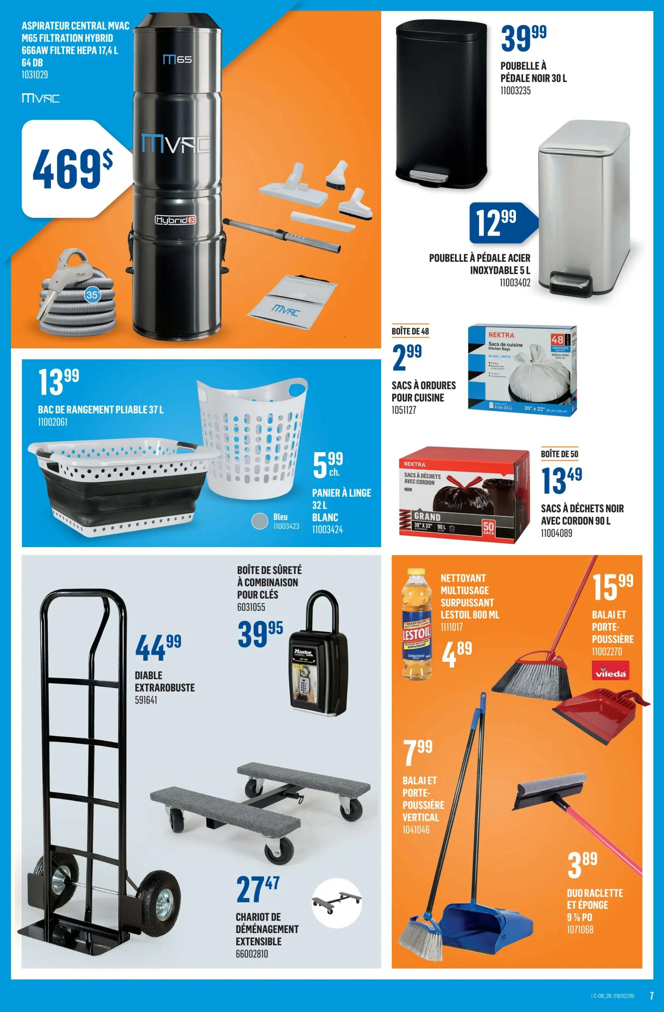Canac weekly flyer specials page 7 features a variety of home and cleaning supplies. Highlighted items include an MVAC M65 central vacuum system with HEPA filtration for $469, a 37 L foldable storage bin for $13.99, and a heavy-duty extra-robust dolly for $44.99. Also available are a blue laundry basket for $5.99, a combination key safe for $39.95, and an extendable moving dolly for $27.47. Cleaning supplies include a 30 L black pedal trash can for $39.99, a 5 L stainless steel pedal trash can for $12.99, a box of 48 kitchen trash bags for $2.99, and a box of 50 black garbage bags with cord for $13.49. Additionally, there is Lestol multi-purpose cleaner for $4.89, a Vileda broom and dustpan set for $15.99, and a duo squeegee and sponge for $3.89.