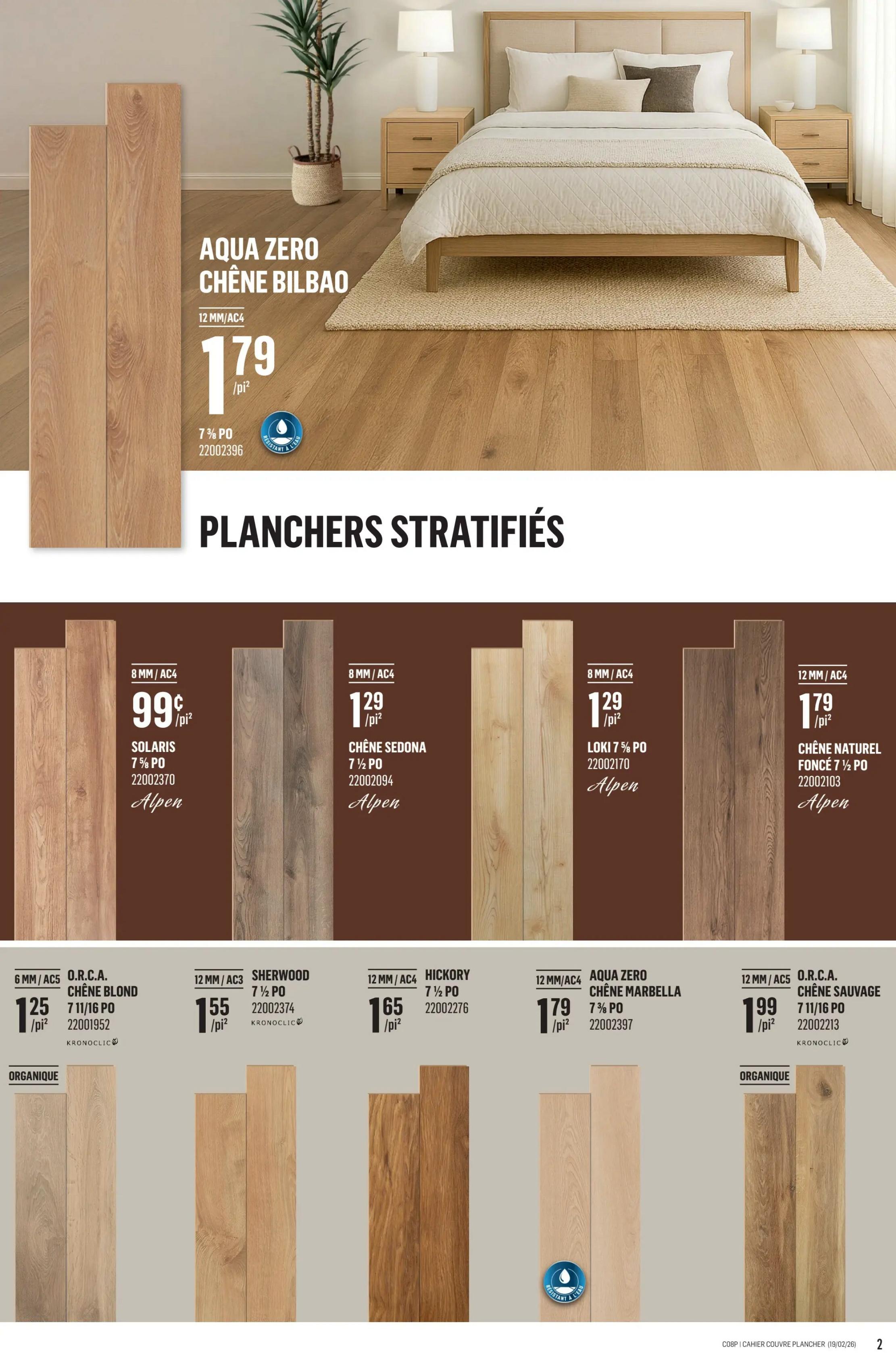 Canac flyer page 2 features 'Aqua Zero Chêne Bilbao' laminate flooring at $1.79/sq. ft., with 7 5/8' PO and water-resistant properties. The page also showcases various 'Planchers Stratifiés' (Laminate Flooring) options: Solaris at $0.99/sq. ft. (8 MM/AC4), Chêne Sedona at $1.29/sq. ft. (8 MM/AC4), Loki at $1.29/sq. ft. (8 MM/AC4), and Chêne Naturel Foncé at $1.79/sq. ft. (12 MM/AC4). Additional selections include O.R.C.A. Chêne Blond at $1.25/sq. ft. (6 MM/AC5), Sherwood at $1.65/sq. ft. (12 MM/AC3), Aqua Zero Chêne Marbella at $1.79/sq. ft. (12 MM/AC4), and O.R.C.A. Chêne Sauvage at $1.99/sq. ft. (12 MM/AC5). Some products are labelled 'Organique'.