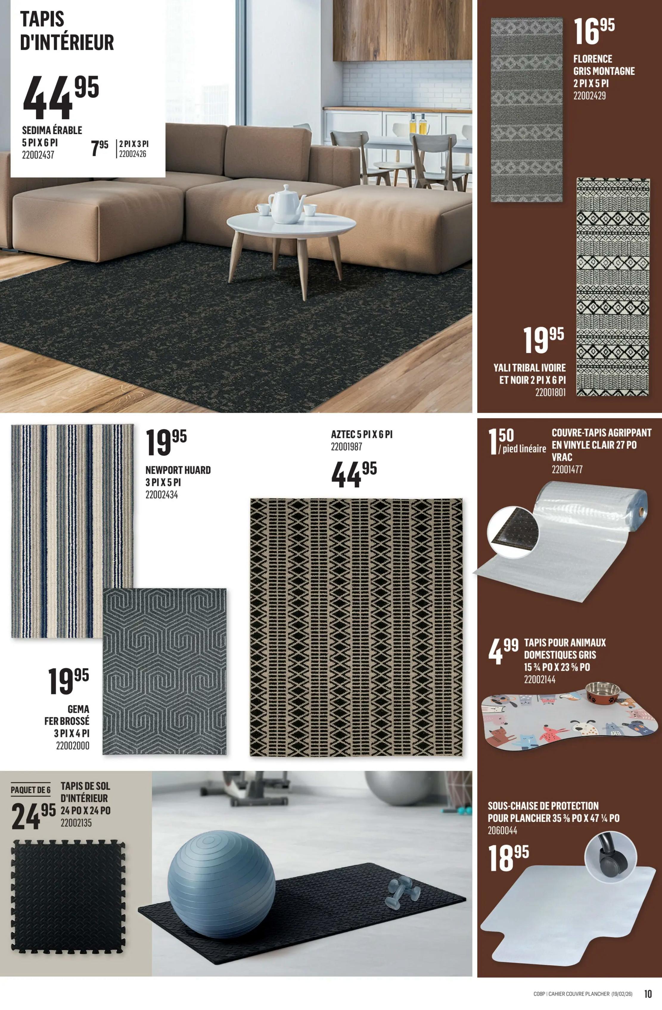 Canac flyer page 10 features a variety of indoor rugs and mats. A large Sedima Erable rug is priced at $44.95 for a 5 ft x 6 ft size, with a 2 ft x 3 ft size available for $7.95. The Florence Gris Montagne rug is $16.95 for a 2 ft x 5 ft size. The Aztec rug is $44.95 for a 5 ft x 6 ft size. The Newport Huard rug is $19.95 for a 3 ft x 5 ft size. The Gema Fer Brossé rug is $19.95 for a 3 ft x 4 ft size. Also available are Yali Tribal Ivoire et Noir rugs for $19.95 (2 ft x 6 ft), a clear vinyl protective floor mat for $1.50 per linear foot, a 6-pack of indoor floor mats (24 ft x 24 ft) for $24.95, and a grey pet mat for $4.99 (15 3/4 in x 23 5/8 in).