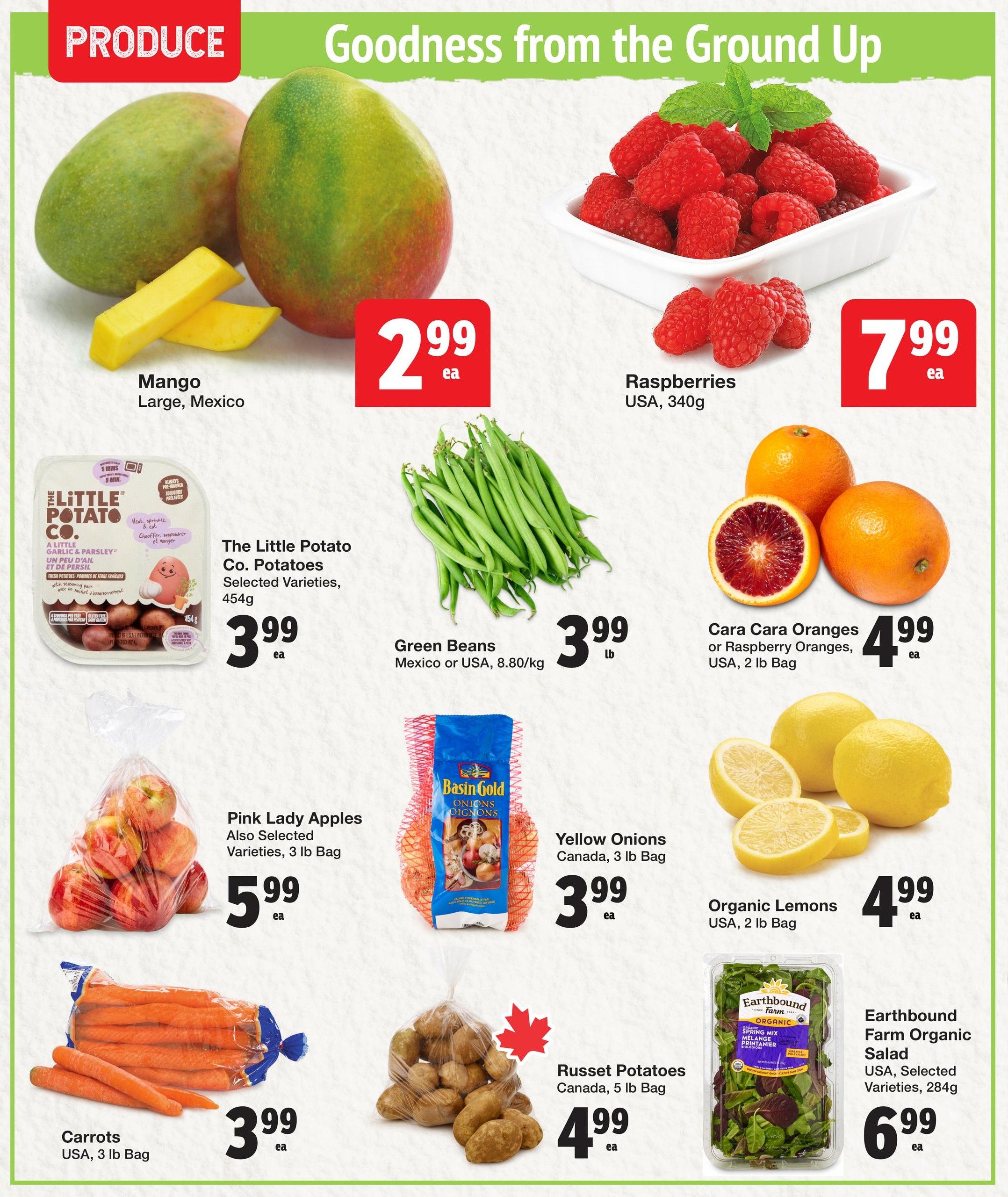 Quality Foods weekly flyer specials page 2 features a variety of fresh produce. Large Mangoes from Mexico are $2.99 each. Raspberries from the USA, 340g, are $7.99 each. The Little Potato Co. Potatoes, selected varieties, 454g, are $3.99 each. Fresh Green Beans from Mexico or USA, 8.80/kg, are $3.99 per pound. Cara Cara Oranges or Raspberry Oranges from the USA, 2 lb bag, are $4.99 each. Organic Lemons from the USA, 2 lb bag, are $4.99 each. Pink Lady Apples, also selected varieties, 3 lb bag, are $5.99 each. Yellow Onions from Canada, 3 lb bag, are $3.99 each. Carrots from the USA, 3 lb bag, are $3.99 each. Russet Potatoes from Canada, 5 lb bag, are $4.99 each. Earthbound Farm Organic Salad, USA, selected varieties, 284g, is $6.99 each.