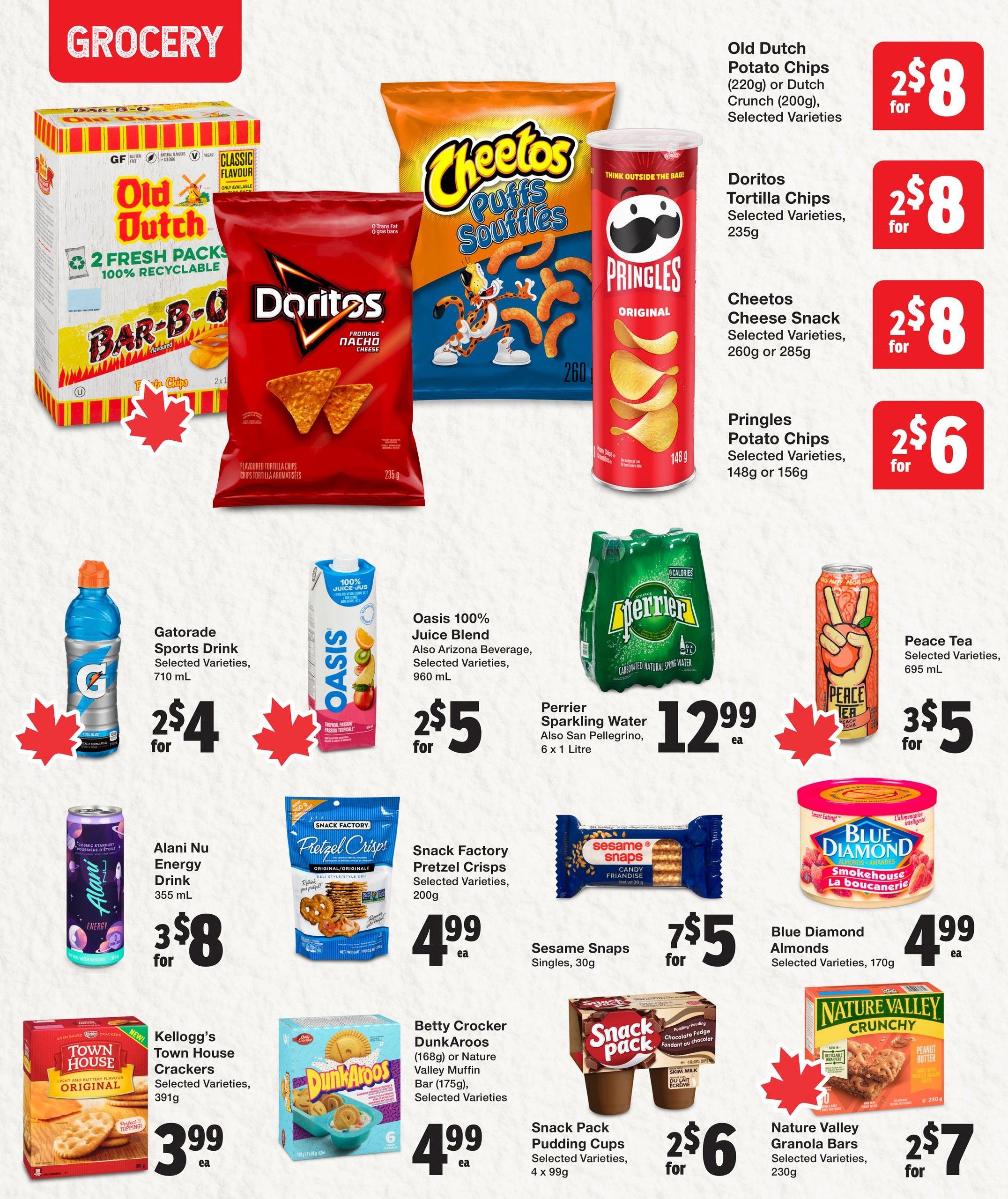 Quality Foods weekly flyer specials, page 8, featuring a variety of grocery items. Deals include Old Dutch Potato Chips or Dutch Crunch for 2 for $8, Doritos Tortilla Chips for 2 for $8, Cheetos Cheese Snack for 2 for $8, and Pringles Potato Chips for 2 for $6. Beverage options include Gatorade Sports Drink for 2 for $4, Oasis 100% Juice Blend for 2 for $5, Perrier Sparkling Water at $12.99 each, and Peace Tea for 3 for $5. Snack items include Alani Nu Energy Drink for 3 for $8, Snack Factory Pretzel Crisps for $4.99 each, Sesame Snaps Singles for 7 for $5, Blue Diamond Almonds for $4.99 each, Snack Pack Pudding Cups for 2 for $6, Kellogg's Town House Crackers for $3.99 each, Betty Crocker Dunkaroos or Nature Valley Muffin Bar for $4.99 each, and Nature Valley Granola Bars for 2 for $7.