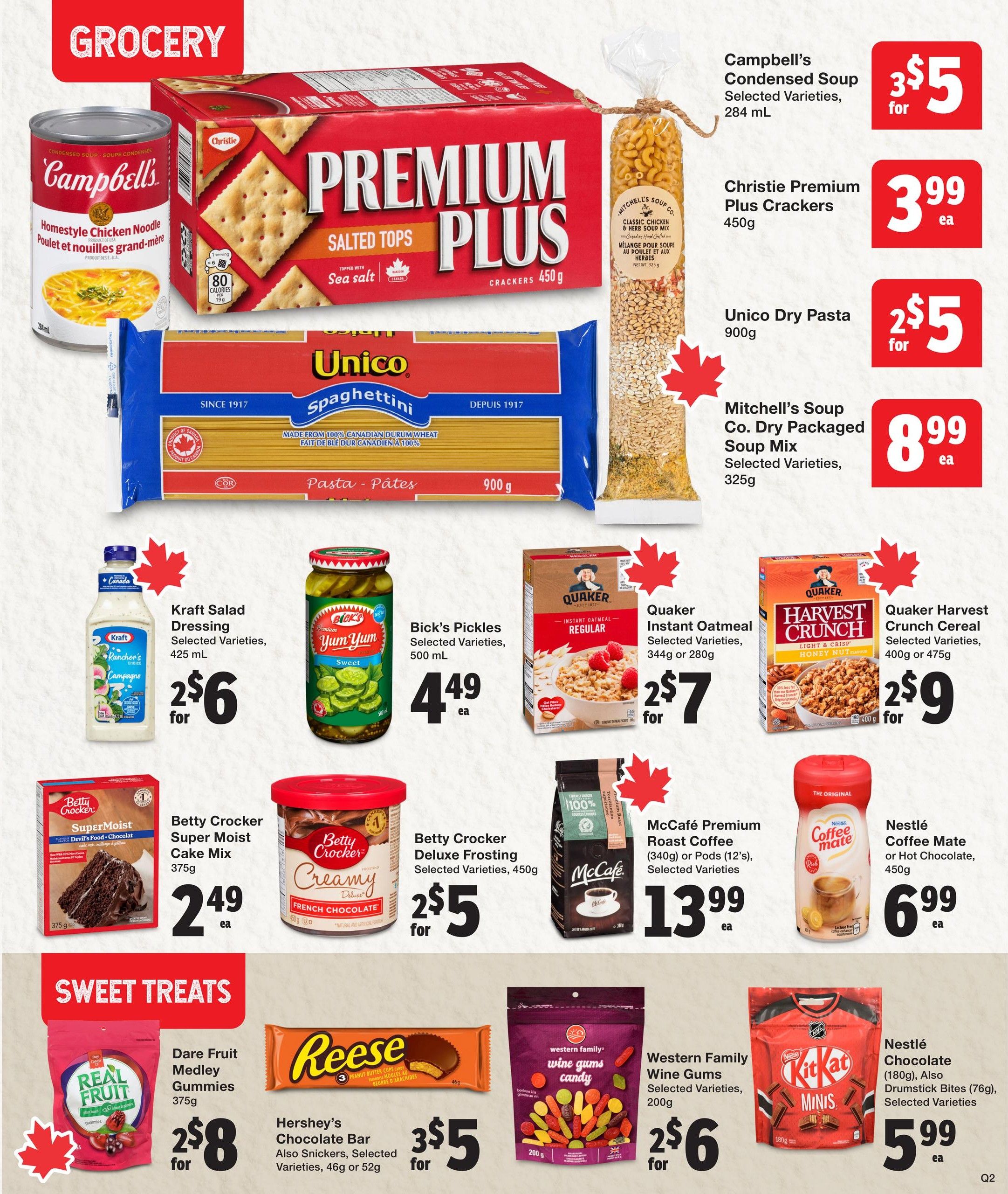 Quality Foods weekly flyer specials, page 9. Featured grocery items include Campbell's Condensed Soup, 284 mL, 3 for $5; Christie Premium Plus Crackers, 450g, $3.99 each; Unico Dry Pasta, 900g, 2 for $5; and Mitchell's Soup Co. Dry Packaged Soup Mix, selected varieties, 325g, $8.99 each. Also available are Kraft Salad Dressing, selected varieties, 425 mL, 2 for $6; Bick's Pickles, selected varieties, 500 mL, $4.49 each; Quaker Instant Oatmeal, selected varieties, 344g or 280g, 2 for $7; and Quaker Harvest Crunch Cereal, selected varieties, 400g or 475g, 2 for $9. Sweet treats include Betty Crocker Super Moist Cake Mix, 375g, $2.49 each; Betty Crocker Deluxe Frosting, selected varieties, 450g, 2 for $5; McCafé Premium Roast Coffee (340g) or Pods (12's), selected varieties, $13.99 each; Nestlé Coffee Mate or Hot Chocolate, 450g, $6.99 each; Dare Real Fruit Medley Gummies, 375g, 2 for $8; Hershey's Chocolate Bar, also Snickers, selected varieties, 46g or 52g, 3 for $5; Western Family Wine Gums, selected varieties, 200g, 2 for $6; and Nestlé Chocolate (180g), also Drumstick Bites (76g), selected varieties, $5.99 each.