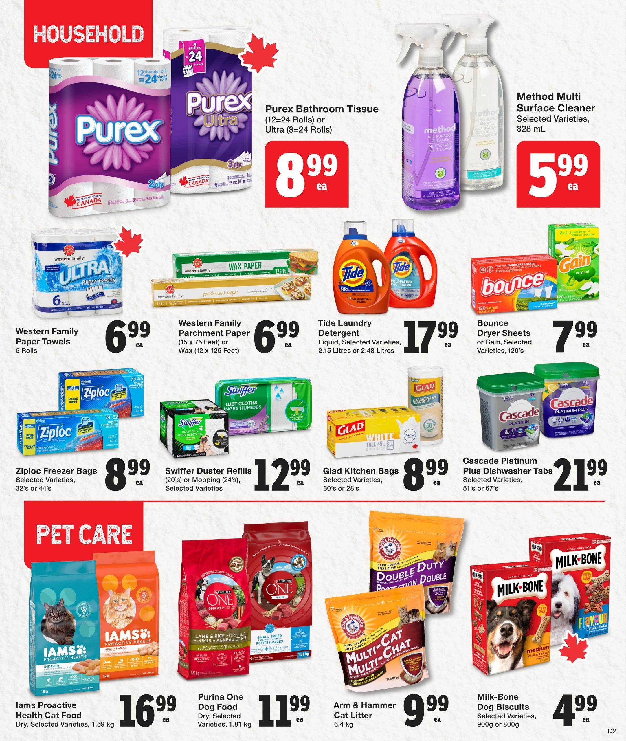 Quality Foods weekly flyer specials, page 10, featuring household and pet care items. Household products include Purex Bathroom Tissue (12=24 rolls or Ultra 8=24 rolls) for $8.99, Method Multi Surface Cleaner, selected varieties, 828 mL for $5.99, Western Family Paper Towels, 6 rolls for $6.99, Western Family Parchment Paper (15 x 75 feet) or Wax (12 x 125 feet) for $6.99, Tide Laundry Detergent, selected varieties, 2.15 Litres or 2.48 Litres for $17.99, Bounce Dryer Sheets or Gain, selected varieties, 120's for $7.99, Ziploc Freezer Bags, selected varieties, 32's or 44's for $8.99, Swiffer Duster Refills (20's or 24's) or Mopping, selected varieties for $12.99, and Glad Kitchen Bags, selected varieties, 30's or 28's for $8.99. Cascade Platinum Plus Dishwasher Tabs, selected varieties, 51's or 67's are $21.99. Pet care items include Iams Proactive Health Cat Food, selected varieties, 1.59 kg for $16.99, Purina One Dog Food, Dry, selected varieties, 1.81 kg for $11.99, Arm & Hammer Cat Litter, 6.4 kg for $9.99, and Milk-Bone Dog Biscuits, selected varieties, 900g or 800g for $4.99.