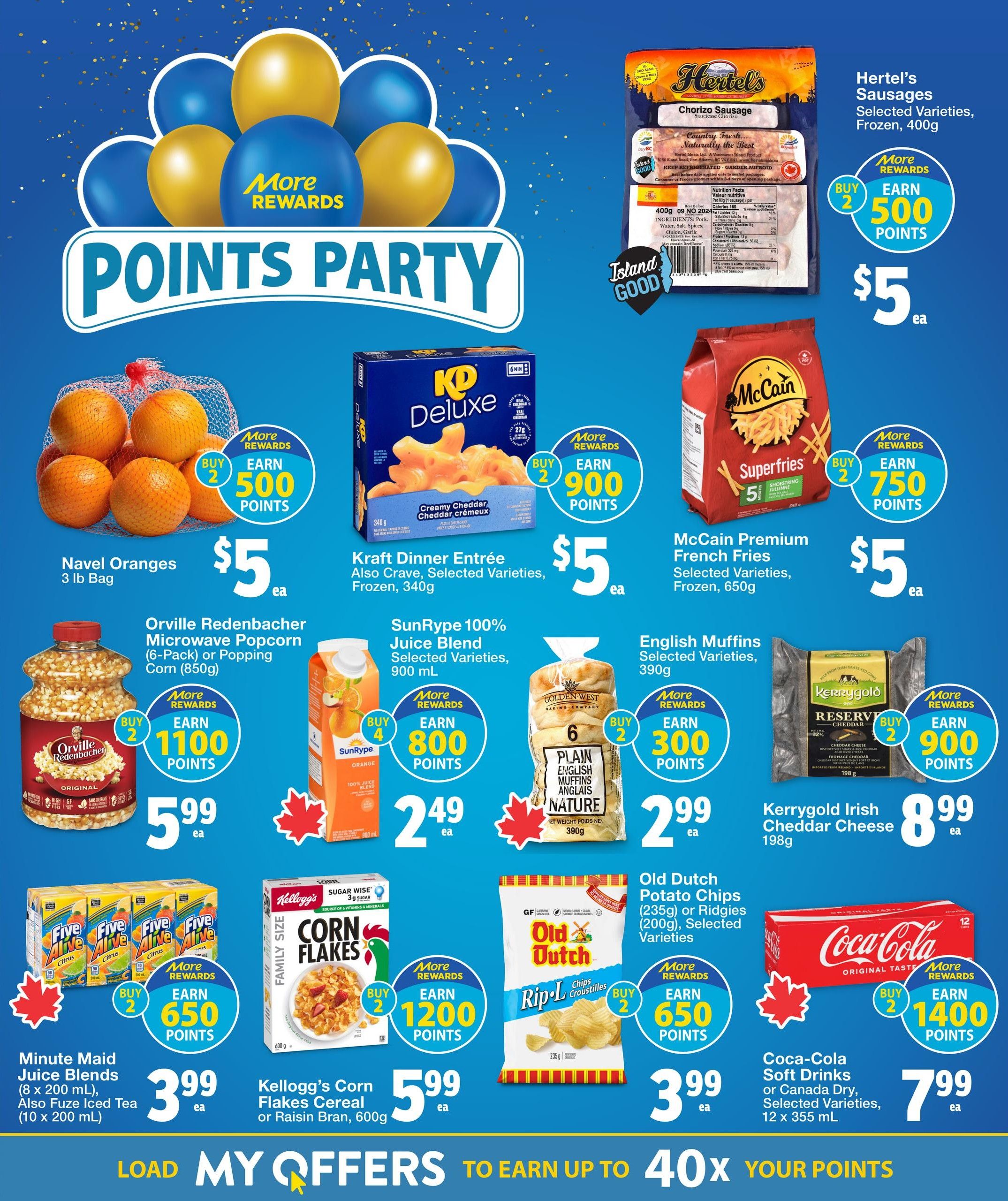 Quality Foods Weekly Flyer Specials, Page 12. Features a 'Points Party' theme with various products offering bonus rewards points. Deals include: Hertel's Chorizo Sausage, selected varieties, frozen, 400g, buy 2 earn 500 points for $5 ea; Navel Oranges, 3 lb bag, buy 2 earn 500 points for $5 ea; Kraft Dinner Entrée, also Crave, selected varieties, frozen, 340g, buy 2 earn 900 points for $5 ea; McCain Premium French Fries, selected varieties, frozen, 650g, buy 2 earn 750 points for $5 ea; Orville Redenbacher Microwave Popcorn (6-pack) or Popping Corn, 850g, buy 2 earn 1100 points for $5.99 ea; SunRype 100% Juice Blend, selected varieties, 900 mL, buy 4 earn 800 points for $2.49 ea; Golden West Baking Company Plain English Muffins, 6-pack, 390g, buy 2 earn 300 points for $2.99 ea; Kerrygold Irish Cheddar Cheese, 198g, buy 2 earn 900 points for $8.99 ea; Minute Maid Juice Blends (8 x 200 mL) or Fuze Iced Tea (10 x 200 mL), buy 2 earn 650 points for $3.99 ea; Kellogg's Corn Flakes Cereal or Raisin Bran, 600g, buy 2 earn 1200 points for $5.99 ea; Old Dutch Potato Chips (235g) or Ridgies (200g), selected varieties, buy 2 earn 650 points for $3.99 ea; and Coca-Cola Soft Drinks or Canada Dry, selected varieties, 12 x 355 mL cans, buy 2 earn 1400 points for $7.99 ea. The flyer also promotes 'Load My Offers to Earn Up to 40x Your Points'.