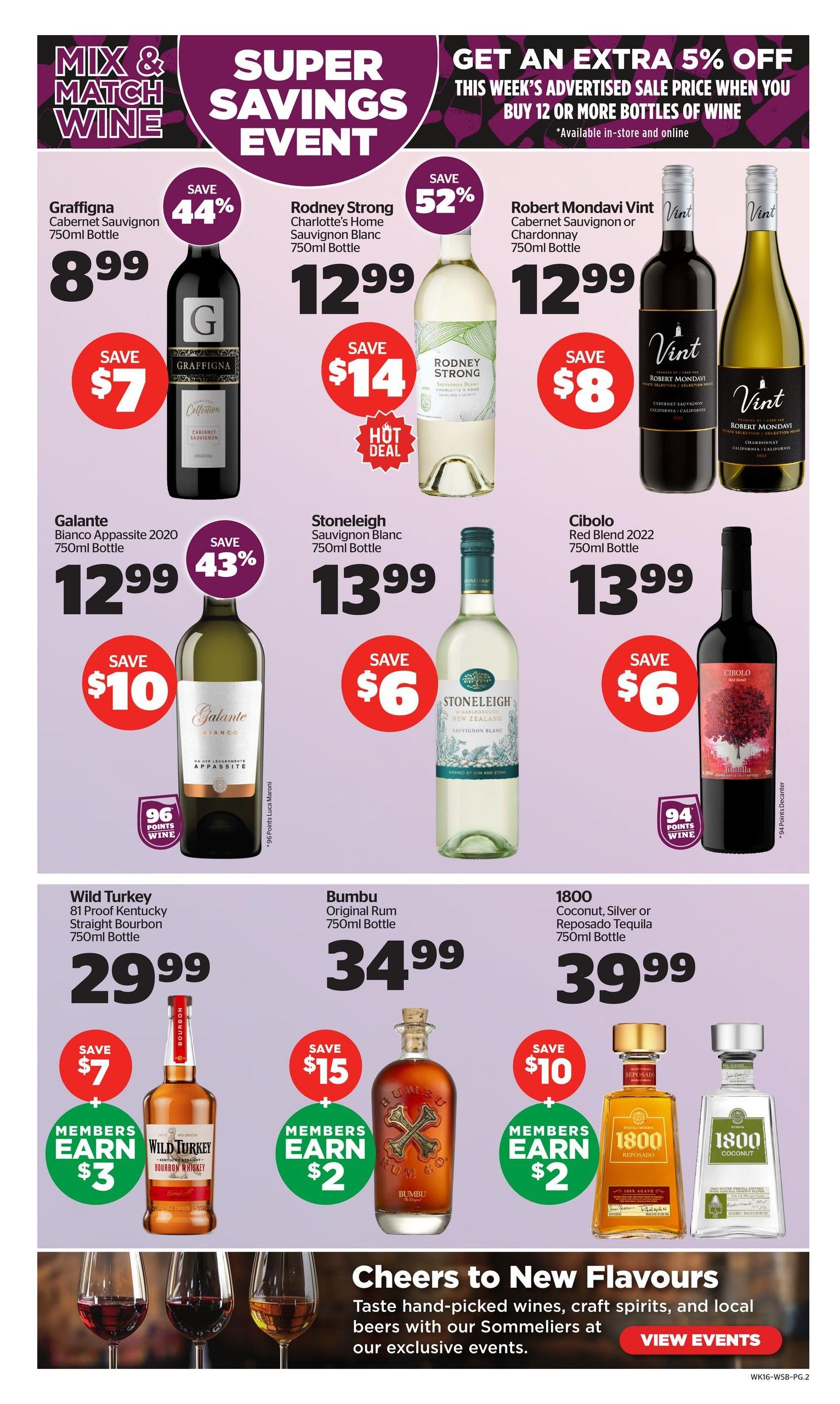 Calgary Co-op Wine Spirits Beer flyer, Page 2. Features a Super Savings Event with an extra 5% off advertised sale prices when you buy 12 or more bottles of wine, available in-store and online. Graffigna Cabernet Sauvignon 750ml bottle is on sale for $8.99, save $7. Rodney Strong Charlotte's Home Sauvignon Blanc 750ml bottle is $12.99, save $14, a hot deal. Robert Mondavi Vint Cabernet Sauvignon or Chardonnay 750ml bottle is $12.99, save $8. Galante Bianco Appassite 2020 750ml bottle is $12.99, save $10, and is rated 96 points. Stoneleigh Sauvignon Blanc 750ml bottle is $13.99, save $6. Cibolo Red Blend 2022 750ml bottle is $13.99, save $6, and is rated 94 points. Wild Turkey 81 Proof Kentucky Straight Bourbon 750ml bottle is $29.99, save $7, and members earn $3. Bumbu Original Rum 750ml bottle is $34.99, save $15, and members earn $2. 1800 Coconut, Silver or Reposado Tequila 750ml bottle is $39.99, save $10, and members earn $2. The page also features a section titled 'Cheers to New Flavours' inviting customers to taste hand-picked wines, craft spirits, and local beers with their Sommeliers at exclusive events, with a 'View Events' button.