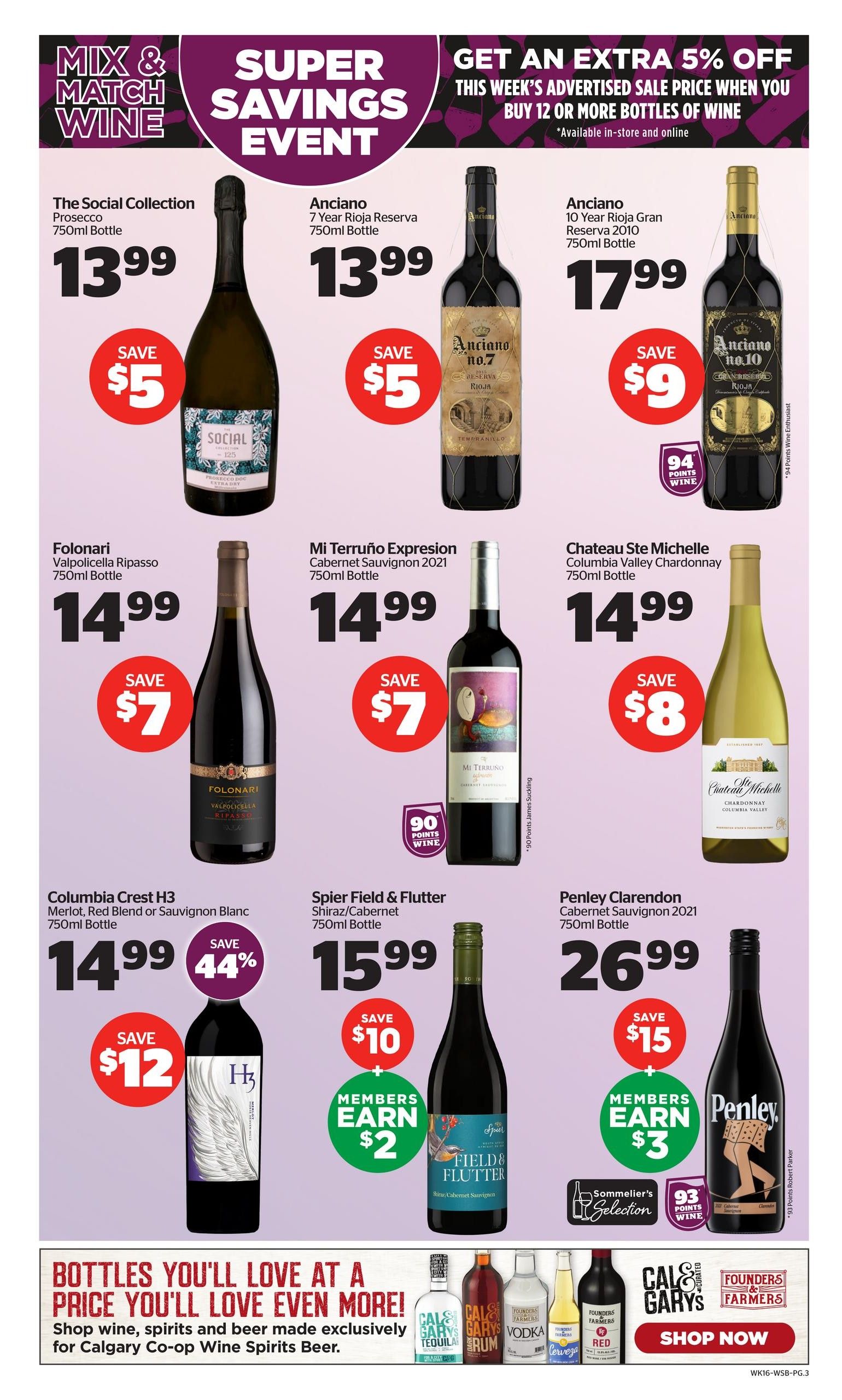 Calgary Co-op Wine Spirits Beer flyer, page 3. Features a Mix & Match Wine Super Savings Event with an extra 5% off when you buy 12 or more bottles. Products include: The Social Collection Prosecco 750ml bottle for $13.99, save $5; Anciano 7 Year Rioja Reserva 750ml bottle for $13.99, save $5; Anciano 10 Year Rioja Gran Reserva 2010 750ml bottle for $17.99, save $9, with 94 points for Wine Enthusiast. Folonari Valpolicella Ripasso 750ml bottle for $14.99, save $7. Mi Terruño Expresion Cabernet Sauvignon 2021 750ml bottle for $14.99, save $7, with 90 points for Wine. Chateau Ste Michelle Columbia Valley Chardonnay 750ml bottle for $14.99, save $8. Columbia Crest H3 Merlot, Red Blend or Sauvignon Blanc 750ml bottle for $14.99, save $12 (44% off), members earn $2. Spier Field & Flutter Shiraz/Cabernet 750ml bottle for $15.99, save $10, members earn $2. Penley Clarendon Cabernet Sauvignon 2021 750ml bottle for $26.99, save $15, members earn $3, with 93 points for Wine. Bottom section showcases Cal & Gary's Tequila, Rum, Vodka, Cerveza, and Red wine, with a 'Shop Now' button.