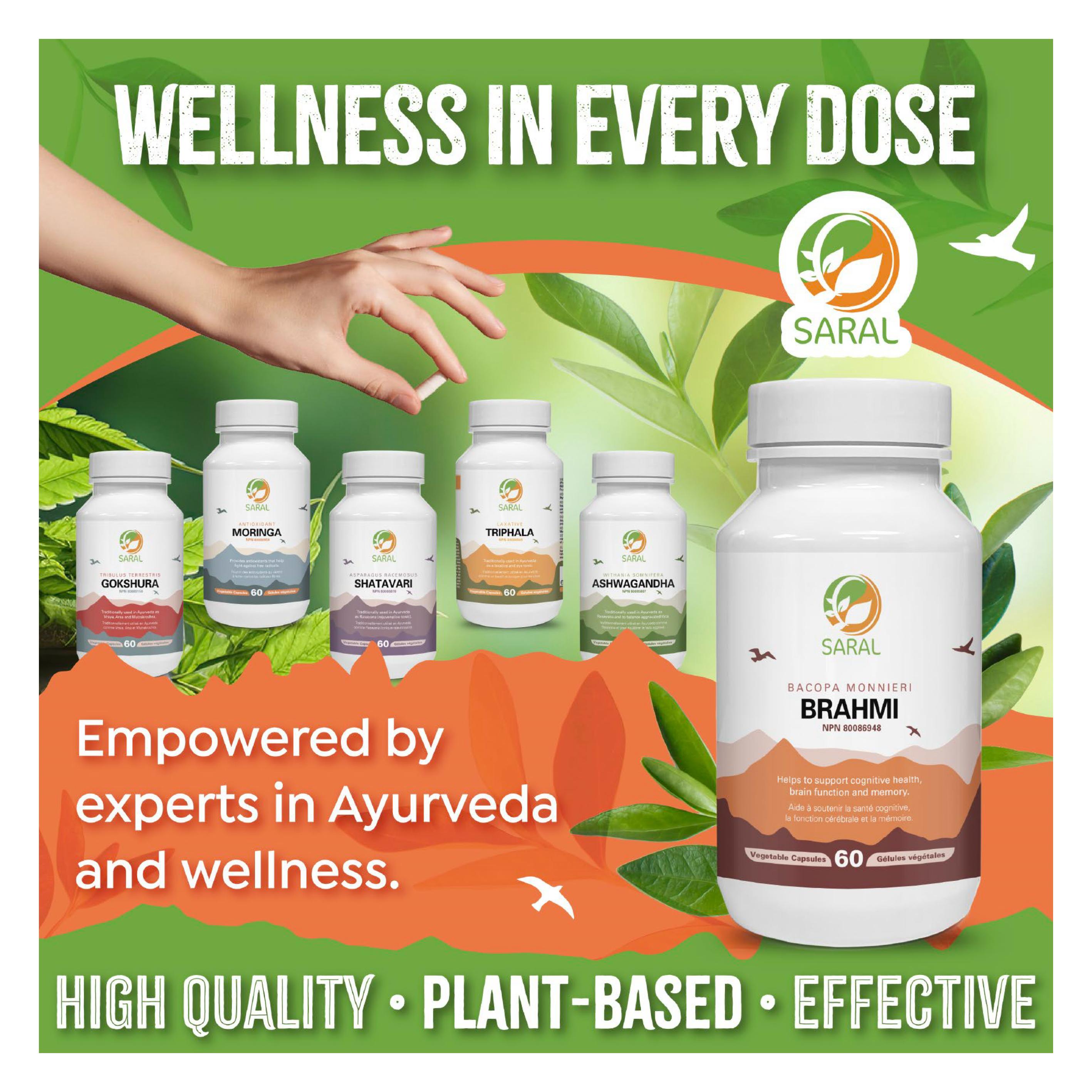 Goodness Me! flyer page 11 features Saral Ayurvedic wellness products. The page headline reads 'Wellness in Every Dose' and highlights 'High Quality • Plant-Based • Effective'. Featured products include Saral Gokhshura (Tribulus Terrestris), Saral Shatavari, Saral Moringa, Saral Ashwagandha, and Saral Brahmi (Bacopa Monnieri). Each bottle contains 60 vegetable capsules. The Brahmi bottle states it helps to support cognitive health, brain function, and memory. The page emphasizes being 'Empowered by experts in Ayurveda and wellness'.