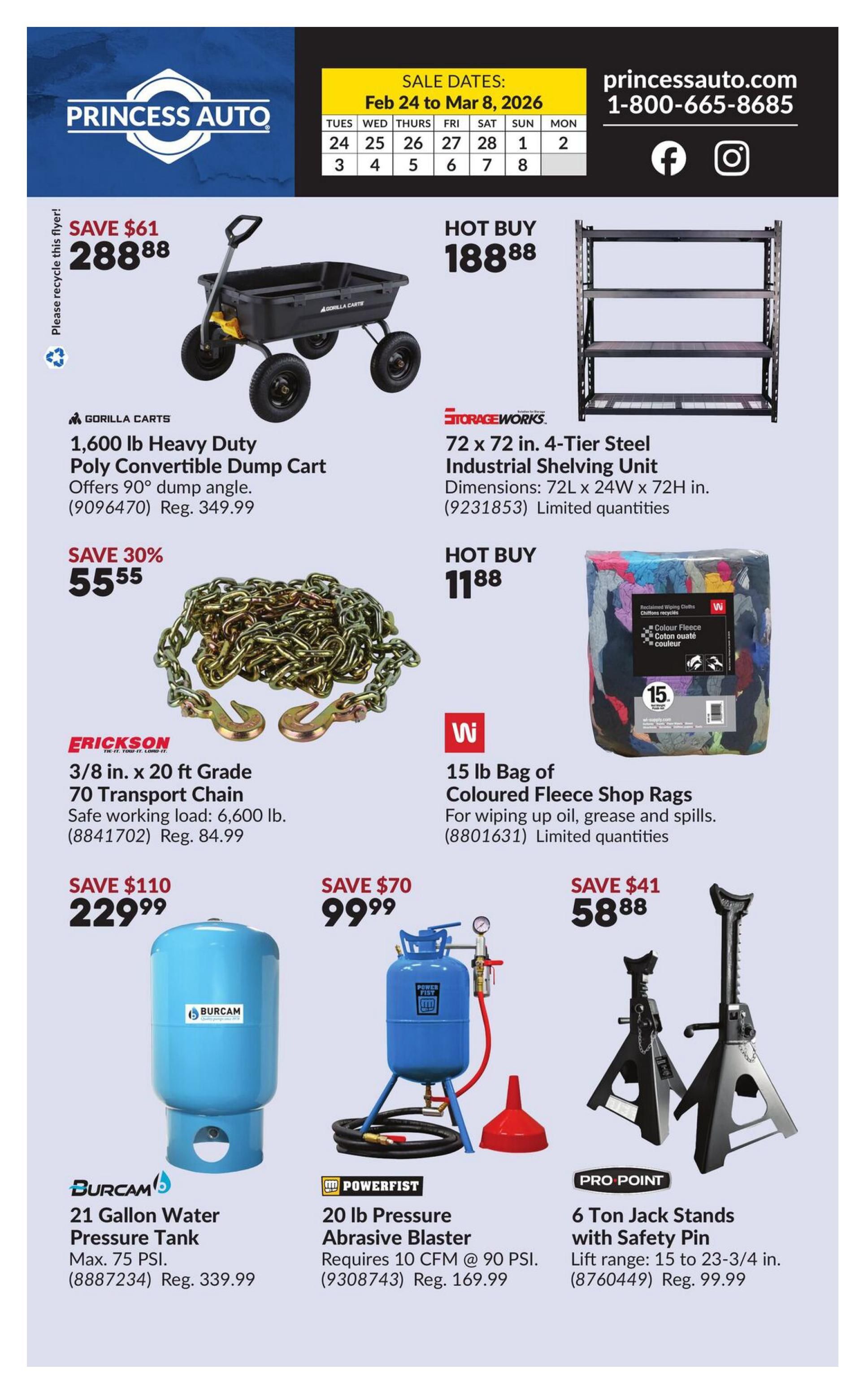 Princess Auto flyer page 2, featuring sale dates from February 24 to March 8, 2026. Featured products include a Gorilla Carts 1,600 lb Heavy Duty Poly Convertible Dump Cart on sale for $288.88 (regularly $349.99), a StorageWorks 72 x 72 in. 4-Tier Steel Industrial Shelving Unit for a hot buy of $188.88, and an Erickson 3/8 in. x 20 ft Grade 70 Transport Chain for $229.99 (save $110, regularly $84.99). Also available is a 15 lb bag of coloured fleece shop rags for $11.88, a Burcam 21 Gallon Water Pressure Tank (Max. 75 PSI) for $99.99 (save $70, regularly $339.99), a Power Fist 20 lb Pressure Abrasive Blaster for $169.99, and Pro Point 6 Ton Jack Stands with Safety Pin for $58.88 (save $41, regularly $99.99).