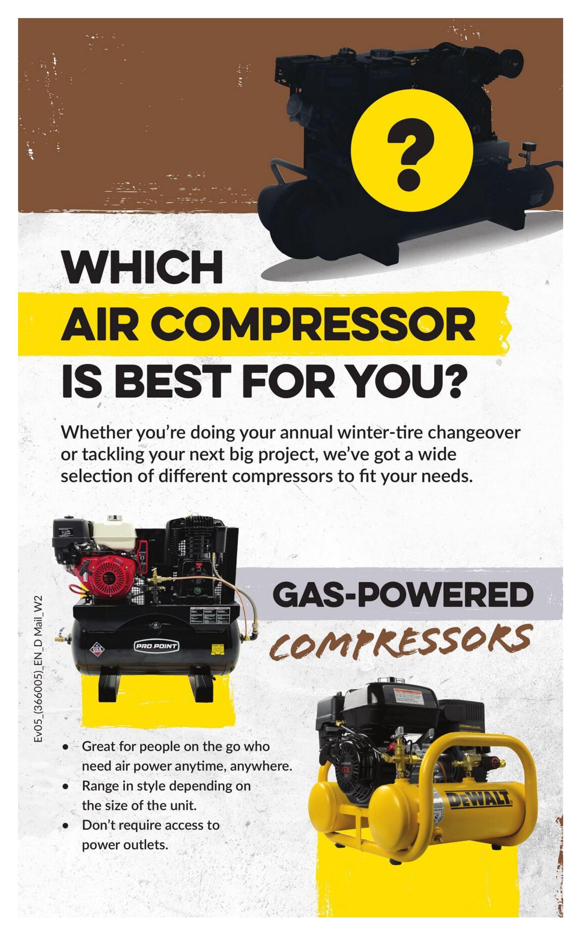 Princess Auto flyer page 3, featuring a guide on choosing the best air compressor. The page highlights gas-powered compressors, ideal for those needing air power anywhere, with a range of styles and no need for power outlets. Pictured are a Pro Point air compressor and a DeWalt gas-powered air compressor.