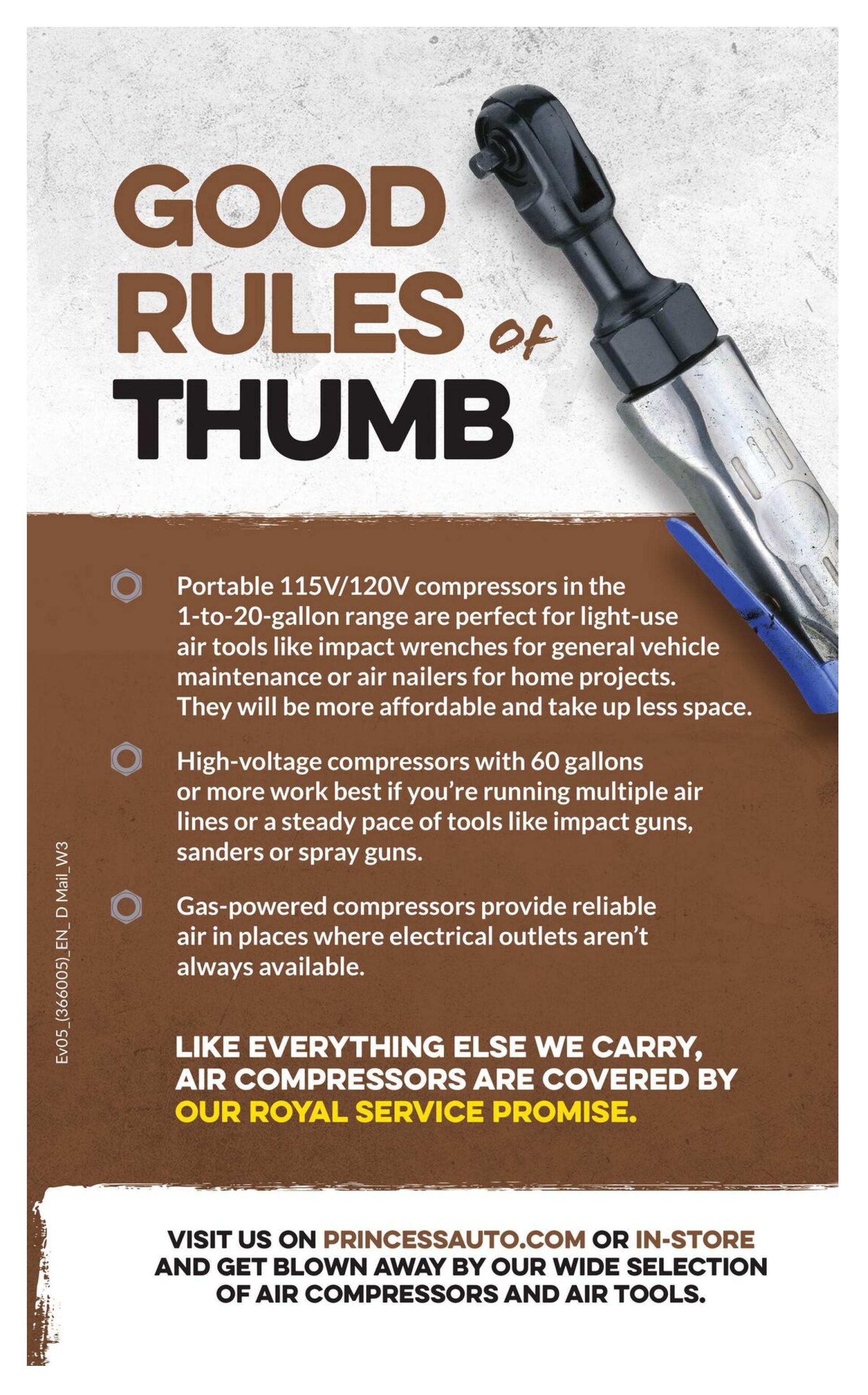 Princess Auto flyer page 11 features 'Good Rules of Thumb' for selecting air compressors. It highlights portable 115V/120V compressors (1-to-20-gallon range) ideal for light-duty air tools like impact wrenches, air nailers for home projects, and explains they take up less space. High-voltage compressors with 60 gallons or more are recommended for running multiple air lines or steady use with tools like impact guns, sanders, or spray guns. Gas-powered compressors offer reliable air where electrical outlets are unavailable. The page emphasizes that all air compressors are covered by their 'Royal Service Promise.' It encourages visiting PrincessAuto.com or in-store to explore their wide selection of air compressors and air tools.