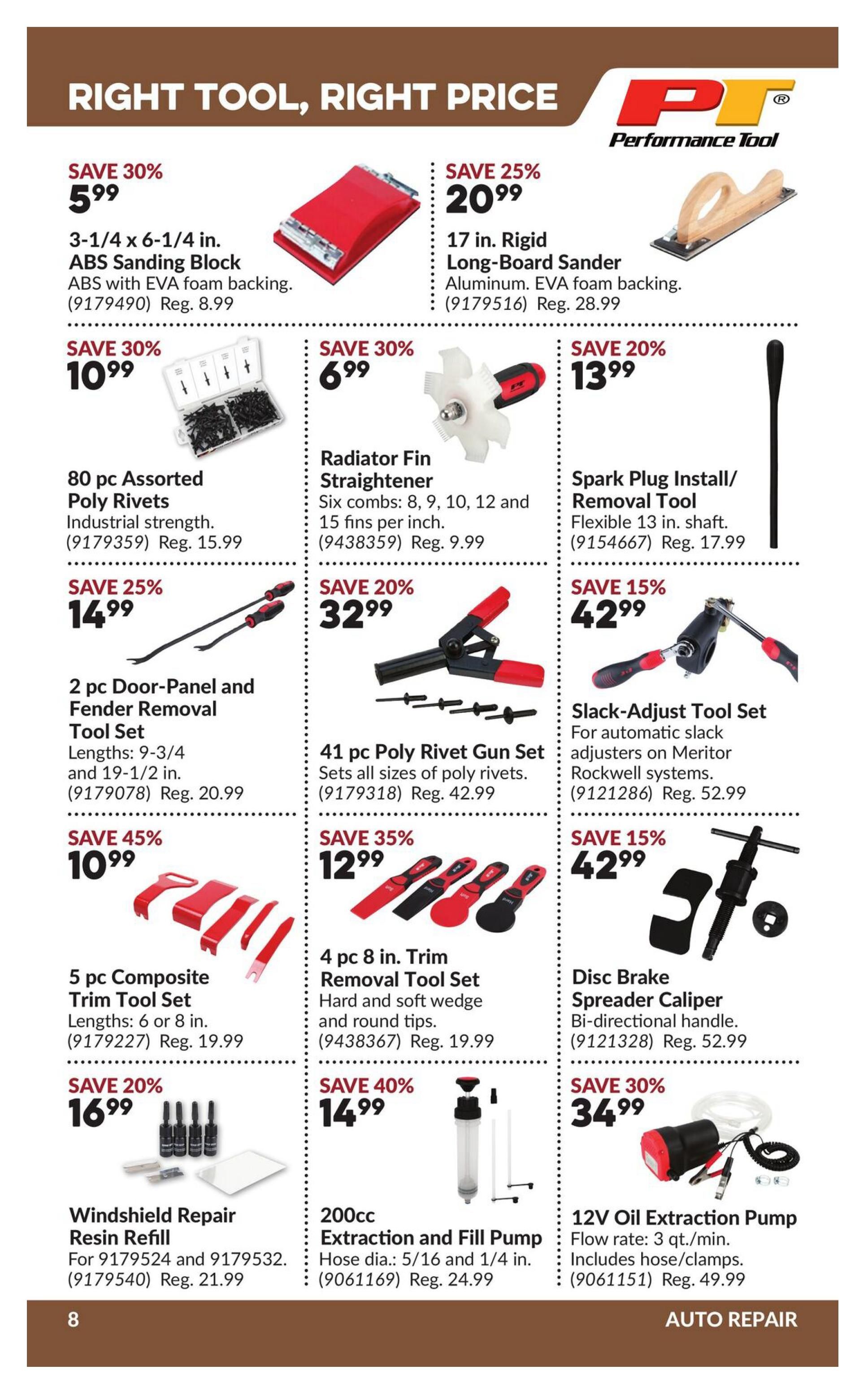 Princess Auto flyer page 14 features 'Right Tool, Right Price' specials. Deals include a 3-1/4 x 6-1/4 in. ABS Sanding Block for $5.99 (Save 30%), a 17 in. Rigid Long-Board Sander for $20.99 (Save 25%), 80 pc Assorted Poly Rivets for $10.99 (Save 30%), a Radiator Fin Straightener for $6.99 (Save 30%), a Spark Plug Install/Removal Tool for $13.99 (Save 20%), a 2 pc Door-Panel and Fender Removal Tool Set for $14.99 (Save 25%), a 41 pc Poly Rivet Gun Set for $32.99 (Save 20%), a Slack-Adjust Tool Set for $42.99 (Save 15%), a 5 pc Composite Trim Tool Set for $10.99 (Save 45%), a 4 pc 8 in. Trim Removal Tool Set for $12.99 (Save 35%), a Disc Brake Spreader Caliper for $42.99 (Save 15%), Windshield Repair Resin Refill for $16.99 (Save 20%), a 200cc Extraction and Fill Pump for $14.99 (Save 40%), and a 12V Oil Extraction Pump for $34.99 (Save 30%). The page is categorized under 'AUTO REPAIR'.