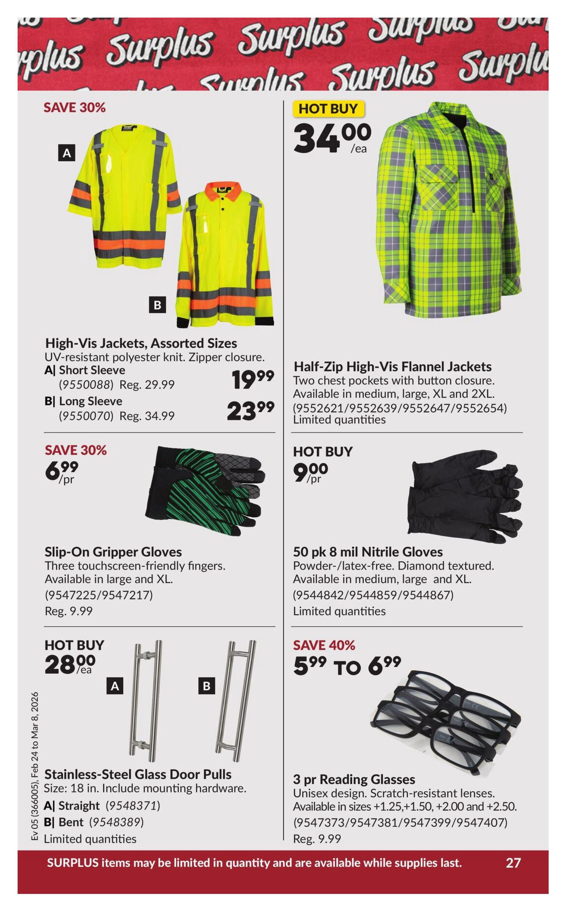 Princess Auto flyer page 33 featuring various surplus items. High-Vis Jackets are available in short sleeve for $19.99 (regular $29.99) and long sleeve for $23.99 (regular $34.99), both are UV-resistant polyester knit with zipper closure. Half-Zip High-Vis Flannel Jackets are a hot buy at $34.00 each, featuring two chest pockets and available in medium, large, XL, and 2XL. Slip-On Gripper Gloves with touchscreen-friendly fingers are priced at $6.99 per pair (regular $9.99) and available in large and XL. 50 pk of 8 mil Nitrile Gloves, powder/latex-free with diamond texture, are available in medium, large, and XL. Stainless-Steel Glass Door Pulls, 18 inches in size, are available in Straight for $28.00 each (hot buy) and Bent, including mounting hardware. Finally, 3 pairs of reading glasses with unisex design and scratch-resistant lenses are on sale for $5.99 to $6.99 (save 40%), available in strengths +1.25, +1.50, +2.00, and +2.50 (regular $9.99). Surplus items are limited in quantity and available while supplies last.