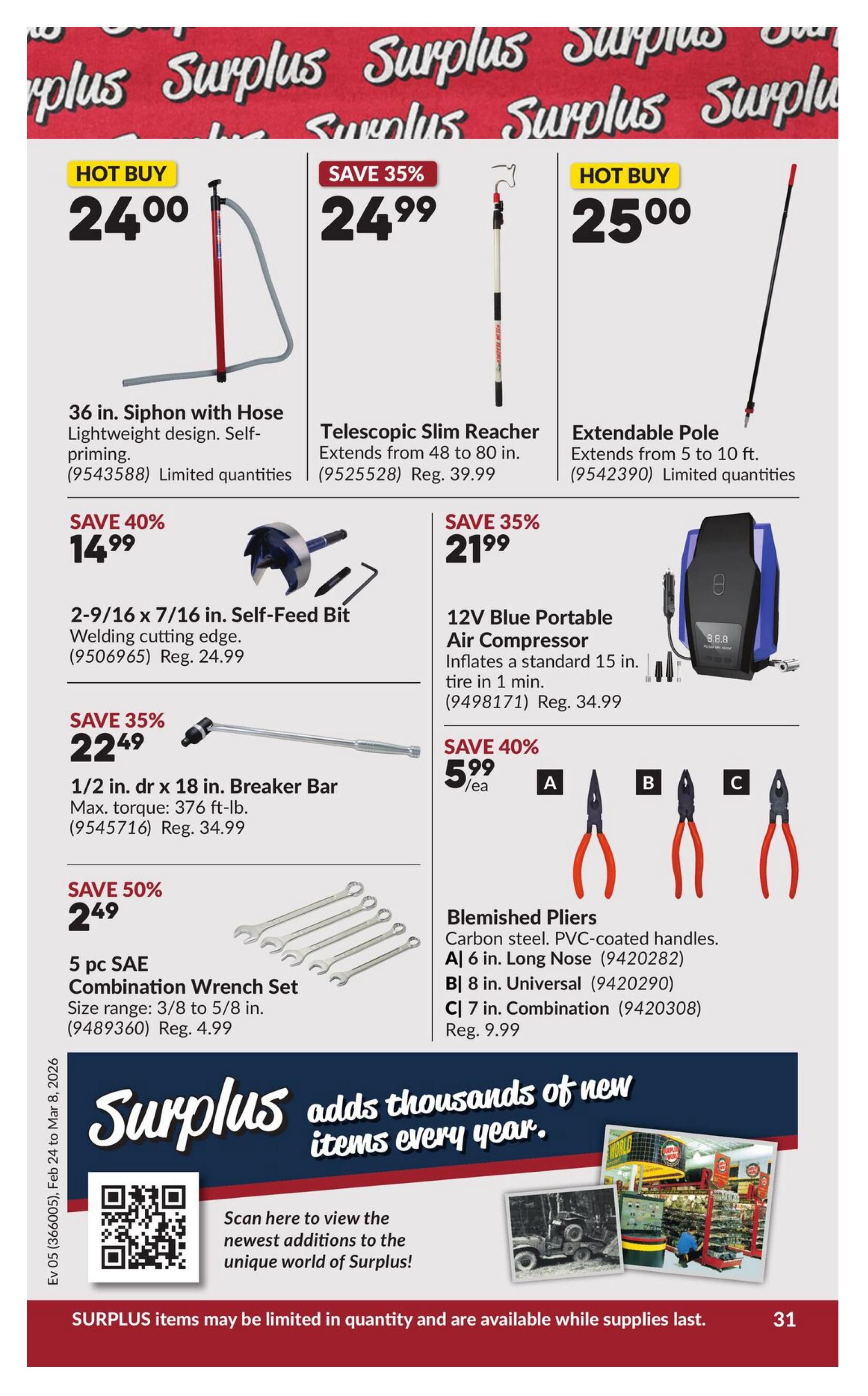 Princess Auto flyer page 37 featuring surplus deals. Hot Buy: 36 in. Siphon with Hose for $24.00, lightweight and self-priming. Save 35%: Telescopic Slim Reacher extends from 48 to 80 in. for $24.99 (Reg. $39.99). Hot Buy: Extendable Pole extends from 5 to 10 ft. for $25.00, limited quantities. Save 40%: 2-9/16 x 7/16 in. Self-Feed Bit for $14.99 (Reg. $24.99). Save 35%: 12V Blue Portable Air Compressor for $21.99, inflates a standard 15 in. tire in 1 min. (Reg. $34.99). Save 35%: 1/2 in. dr x 18 in. Breaker Bar for $22.49 (Reg. $34.99), max torque 376 ft-lb. Save 50%: 5 pc SAE Combination Wrench Set (3/8 to 5/8 in.) for $2.49 (Reg. $4.99). Save 40%: Blemished Pliers for $5.99 each, including A) 6 in. Long Nose, B) 8 in. Universal, and C) 7 in. Combination (Reg. $9.99). The page also features a QR code to view newest additions to the Surplus world and mentions that surplus items may be limited in quantity and available while supplies last.