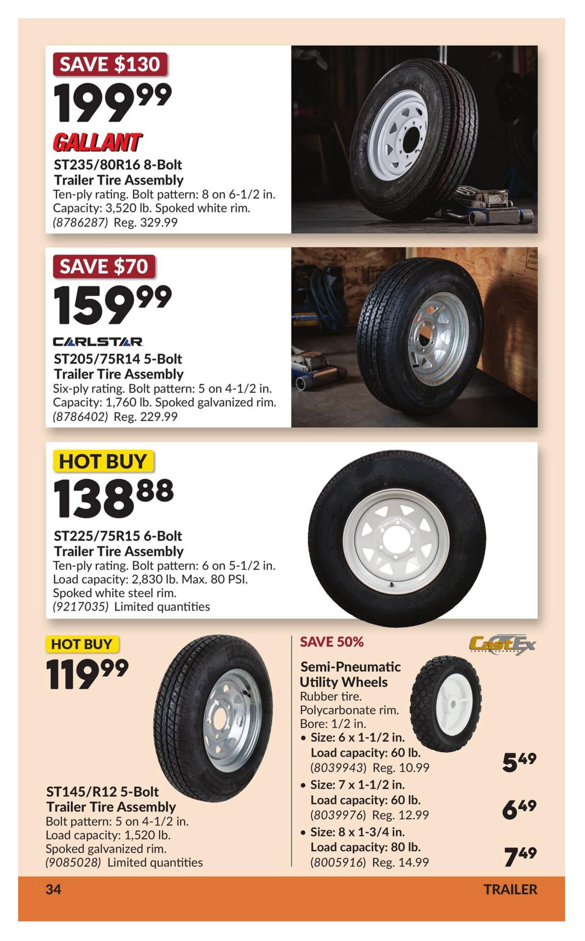 Princess Auto flyer specials page 40 features trailer tire assemblies and semi-pneumatic utility wheels. Save $130 on the Gallant ST235/80R16 8-Bolt Trailer Tire Assembly with ten-ply rating, 3,520 lb. capacity, and a white rim for $199.99 (regularly $329.99). Save $70 on the CARLSTAR ST205/75R14 5-Bolt Trailer Tire Assembly with six-ply rating, 1,760 lb. capacity, and a galvanized rim for $159.99 (regularly $229.99). A HOT BUY is the ST225/75R15 6-Bolt Trailer Tire Assembly with ten-ply rating, 2,830 lb. capacity, and a white steel rim for $138.88 (limited quantities). Another HOT BUY is the ST145/R12 5-Bolt Trailer Tire Assembly with 5 on 4-1/2 in. bolt pattern, 1,520 lb. capacity, and a galvanized rim for $119.99 (limited quantities). Also featured are CastEx Semi-Pneumatic Utility Wheels with rubber tires and polycarbonate rims, available in three sizes: 6 x 1-1/2 in. with 60 lb. capacity for $5.49 (regularly $10.99), 7 x 1-1/2 in. with 60 lb. capacity for $6.49 (regularly $12.99), and 8 x 1-3/4 in. with 80 lb. capacity for $7.49 (regularly $14.99). All items are for trailer use.