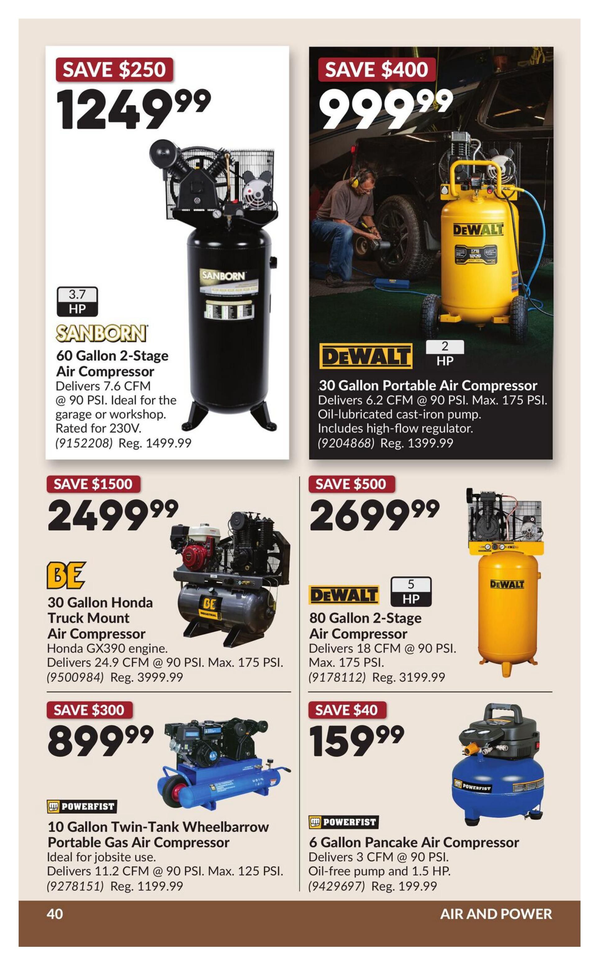 Princess Auto flyer specials page 46 features air compressors. Top left: Sanborn 60 Gallon 2-Stage Air Compressor, 3.7 HP, delivers 7.6 CFM @ 90 PSI, ideal for garage or workshop, rated for 230V, on sale for $1249.99 (Save $250, regular $1499.99). Top right: DeWalt 30 Gallon Portable Air Compressor, 2 HP, delivers 6.2 CFM @ 90 PSI, oil-lubricated cast-iron pump with high-flow regulator, on sale for $999.99 (Save $400, regular $1399.99). Middle left: BE 30 Gallon Honda Truck Mount Air Compressor with Honda GX390 engine, delivers 24.9 CFM @ 90 PSI, on sale for $2499.99 (Save $1500, regular $3999.99). Middle right: DeWalt 80 Gallon 2-Stage Air Compressor, 5 HP, delivers 18 CFM @ 90 PSI, max 175 PSI, on sale for $2699.99 (Save $500, regular $3199.99). Bottom left: Powerfist 10 Gallon Twin-Tank Wheelbarrow Portable Gas Air Compressor, ideal for jobsite use, delivers 11.2 CFM @ 90 PSI, max 125 PSI, on sale for $899.99 (Save $300, regular $1199.99). Bottom right: Powerfist 6 Gallon Pancake Air Compressor, 1.5 HP, oil-free pump, delivers 3 CFM @ 90 PSI, on sale for $159.99 (Save $40, regular $199.99). The page is titled Air and Power.