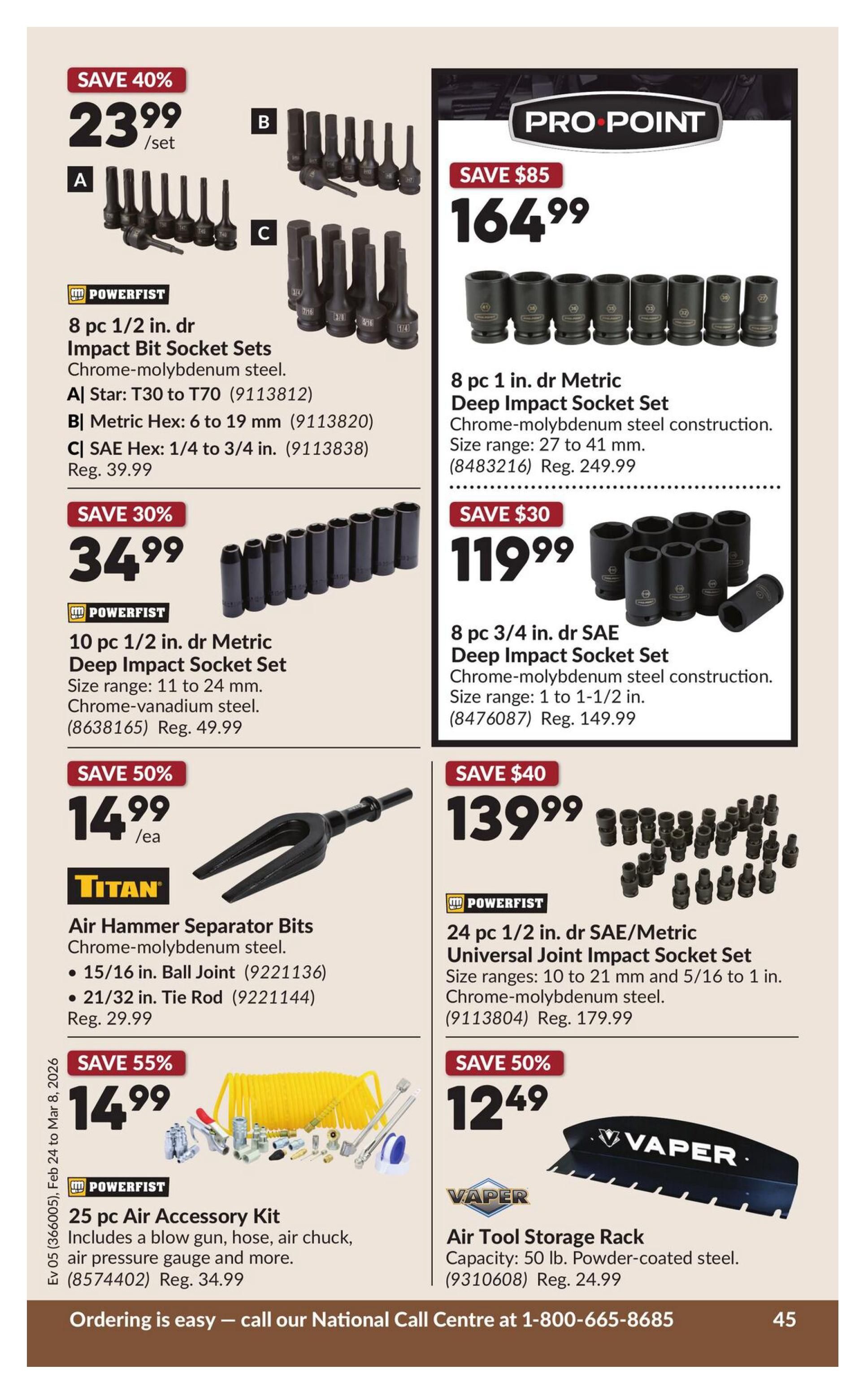 Princess Auto flyer page 51 featuring various tools and accessories. Top left: Powerfist 8 pc 1/2 in. dr Impact Bit Socket Set, including Star T30-T70, Metric Hex 6-19mm, and SAE Hex 1/4-3/4 in., on sale for $23.99 (Save 40%), regular price $39.99. Middle left: Powerfist 10 pc 1/2 in. dr Metric Deep Impact Socket Set, size range 11-24mm, for $34.99 (Save 30%), regular price $49.99. Bottom left: Titan Air Hammer Separator Bits, including 15/16 in. Ball Joint and 21/32 in. Tie Rod, for $14.99/ea (Save 50%), regular price $29.99. Bottom middle: Powerfist 25 pc Air Accessory Kit with blow gun, hose, air chuck, and air pressure gauge, for $14.99 (Save 55%), regular price $34.99. Top right: Pro Point 8 pc 1 in. dr Deep Impact Socket Set, size range 27-41mm, for $164.99 (Save $85). Middle right: Powerfist 8 pc 3/4 in. dr SAE Deep Impact Socket Set, size range 1-1/2 in., for $119.99 (Save $30), regular price $149.99. Bottom right: Vaper Air Tool Storage Rack, capacity 50 lb., powder-coated steel, for $12.49 (Save 50%), regular price $24.99. The flyer also includes ordering information and a contact number.